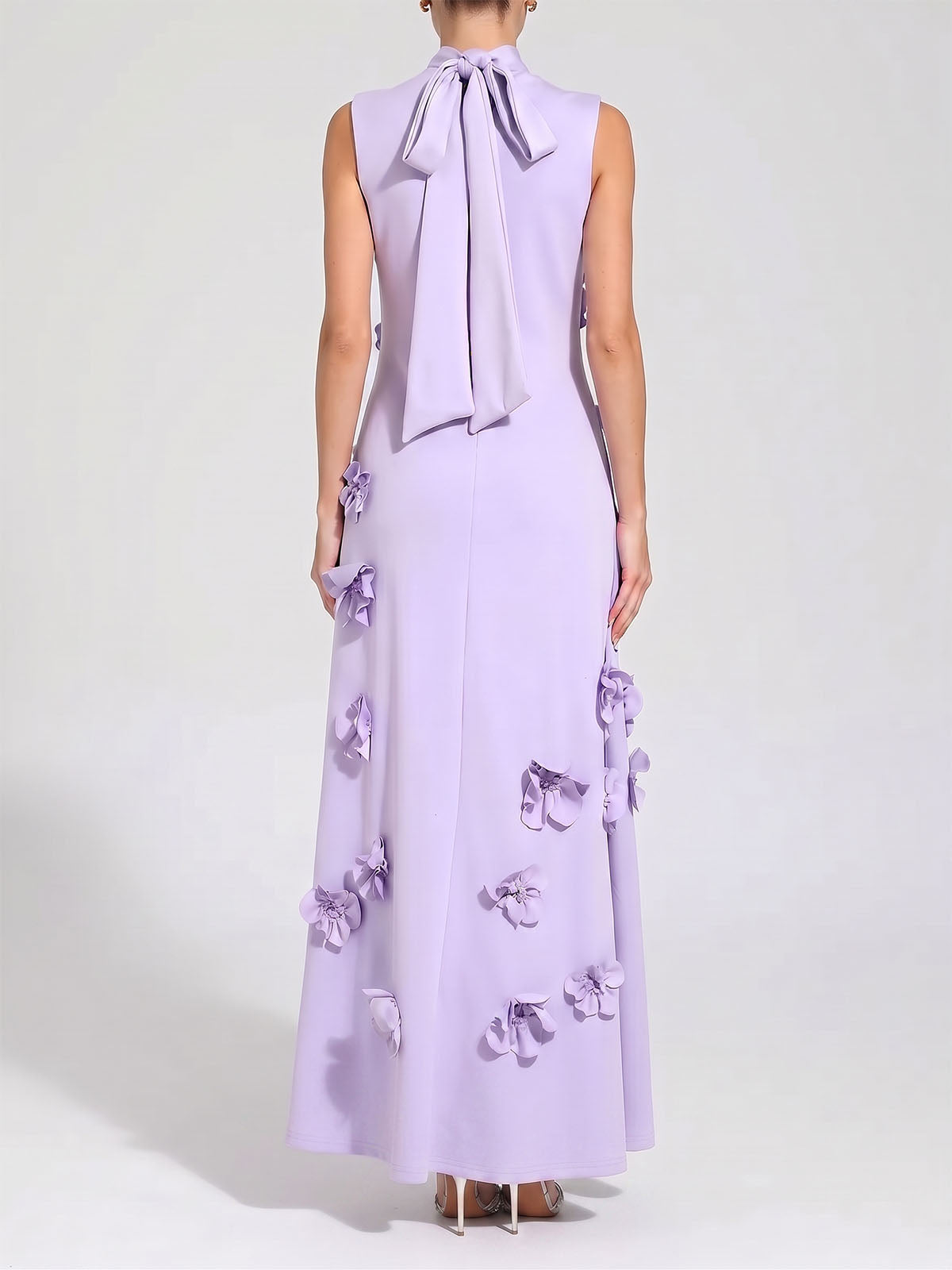 Elegant Flower High Neck Bow Tie Sleeveless Maxi Dress - Lavender