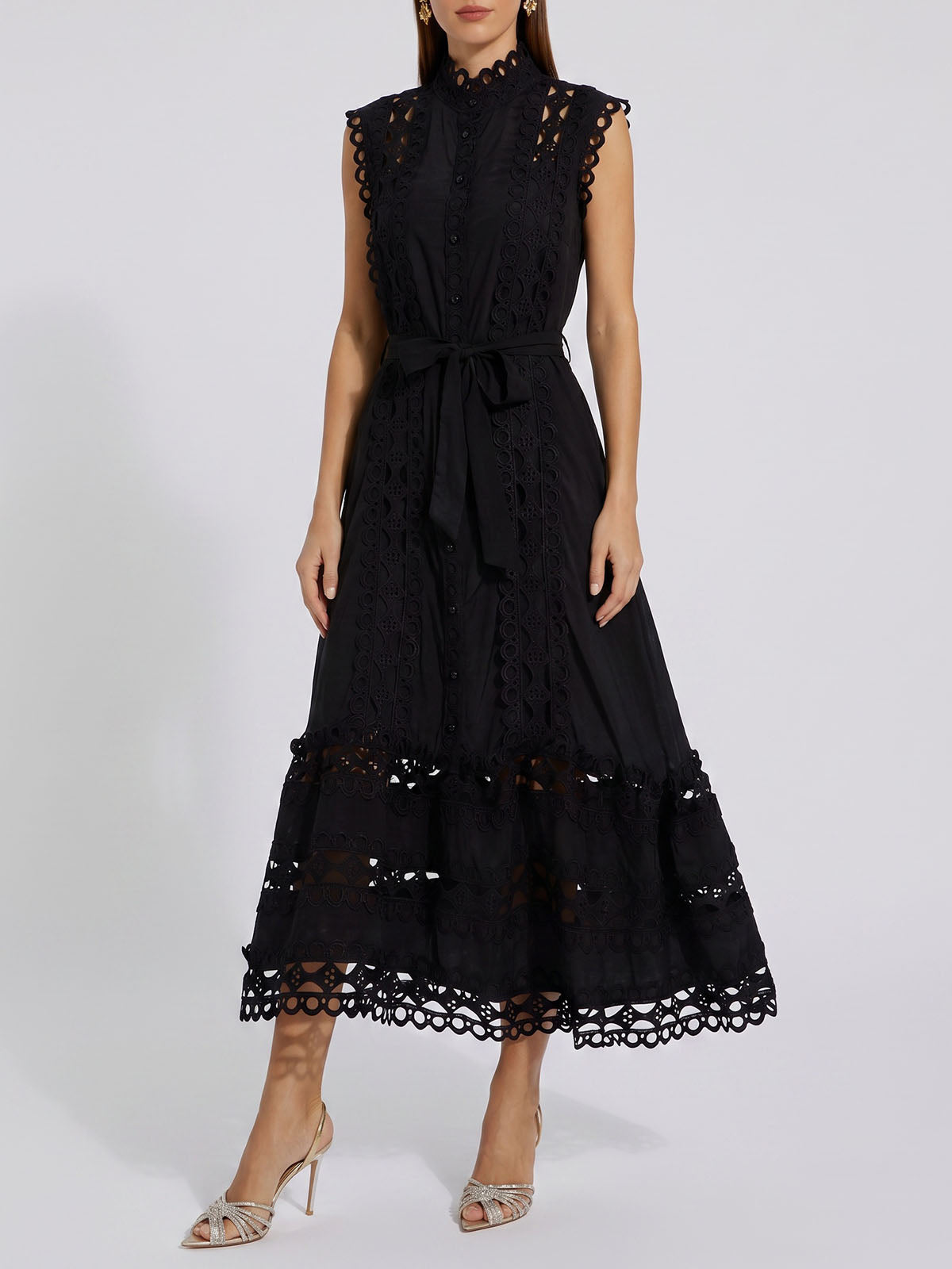 Elegant High Neck Belted Guipure Lace Sleeveless Midi Dress - Black