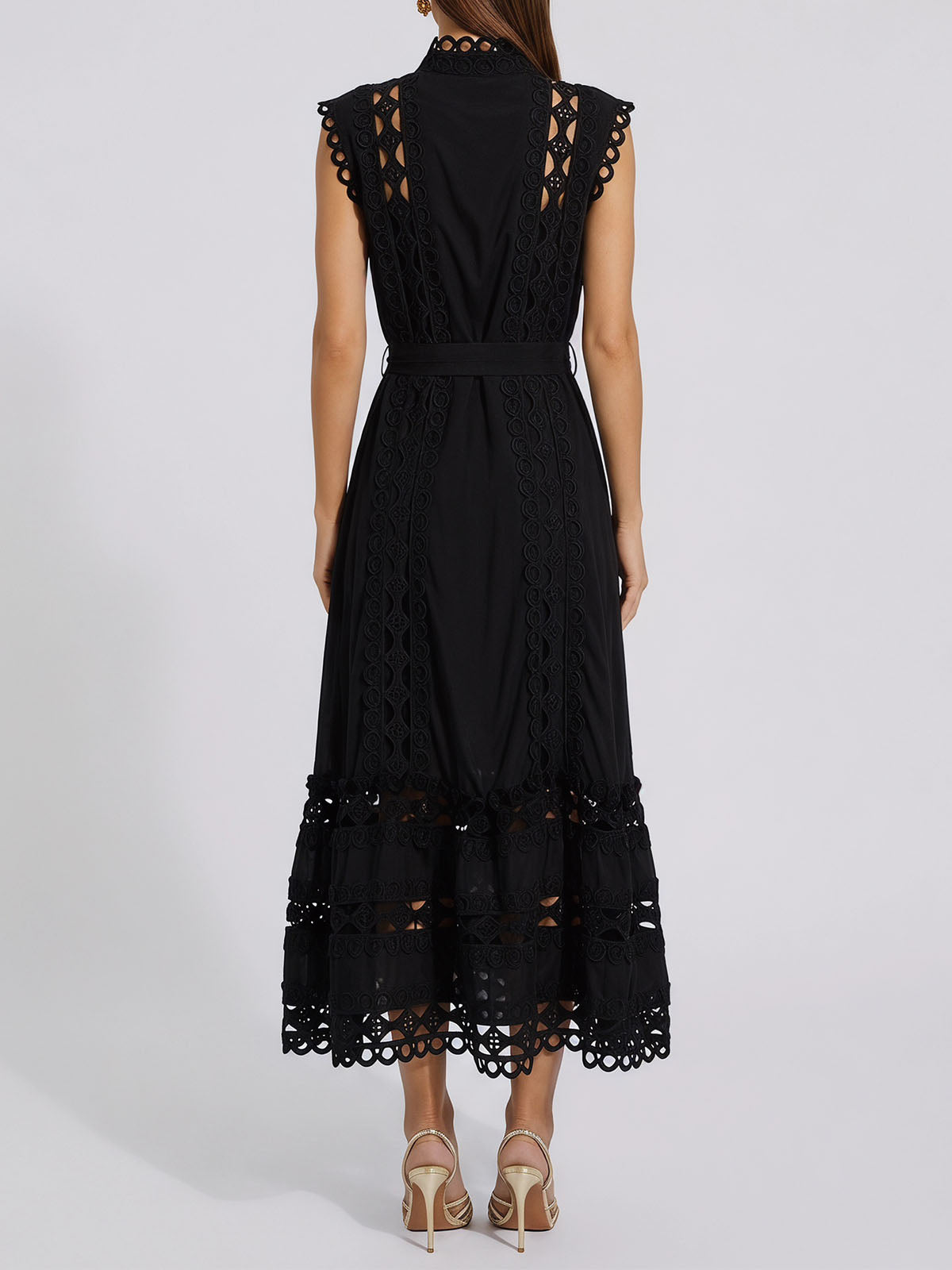 Elegant High Neck Belted Guipure Lace Sleeveless Midi Dress - Black