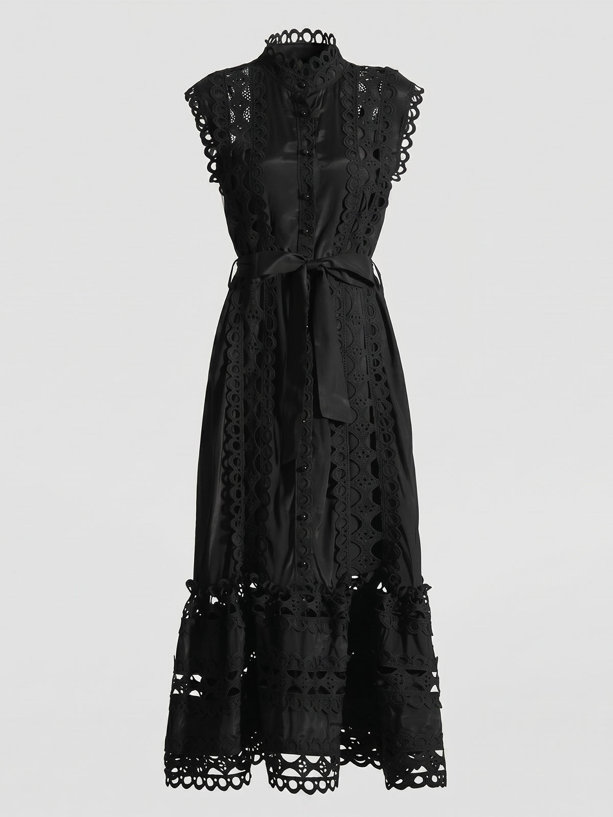 Elegant High Neck Belted Guipure Lace Sleeveless Midi Dress - Black