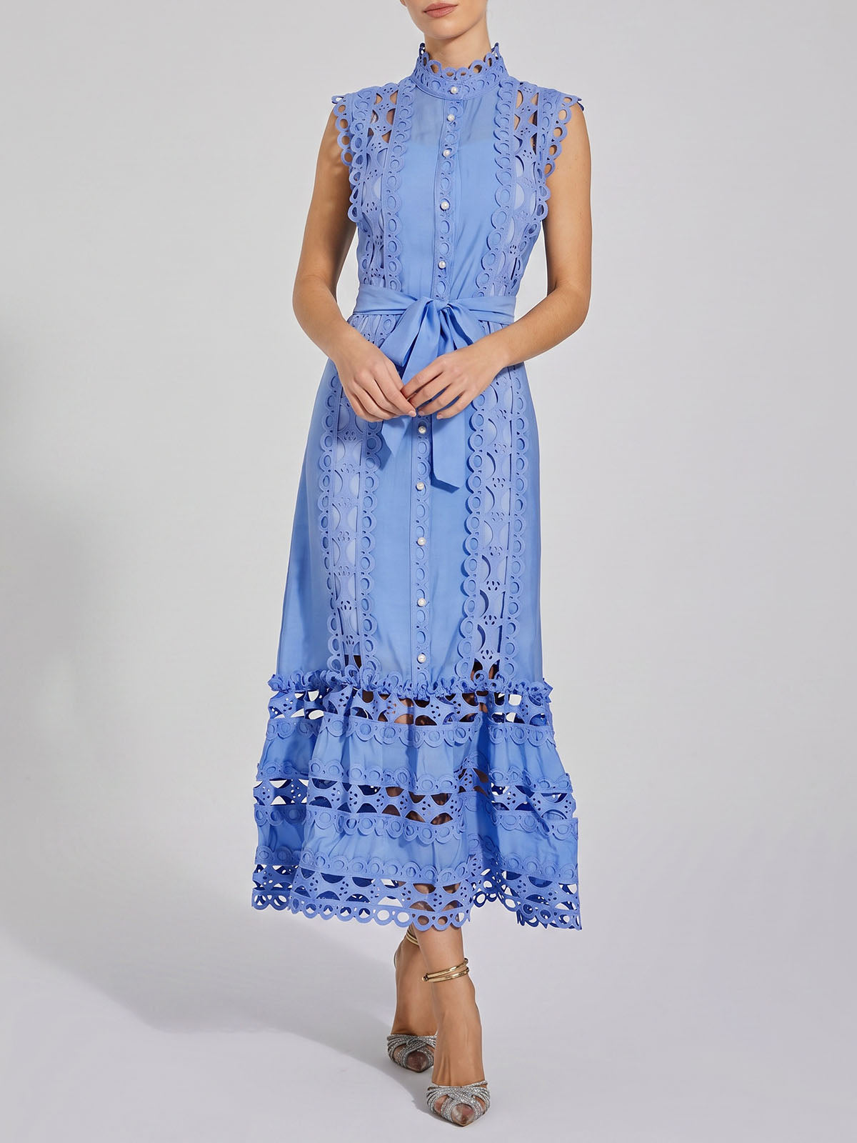 Elegant High Neck Belted Guipure Lace Sleeveless Midi Dress - Blue