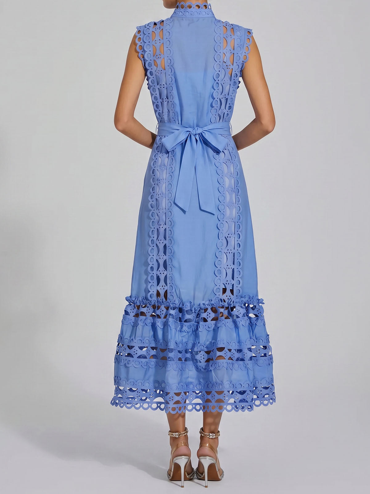 Elegant High Neck Belted Guipure Lace Sleeveless Midi Dress - Blue