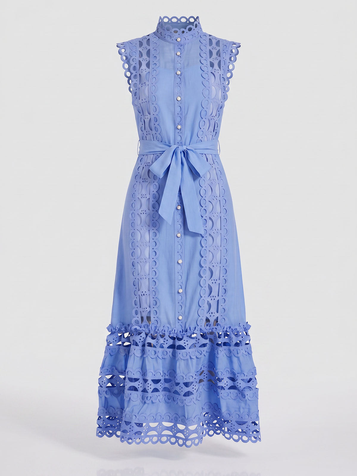 Elegant High Neck Belted Guipure Lace Sleeveless Midi Dress - Blue