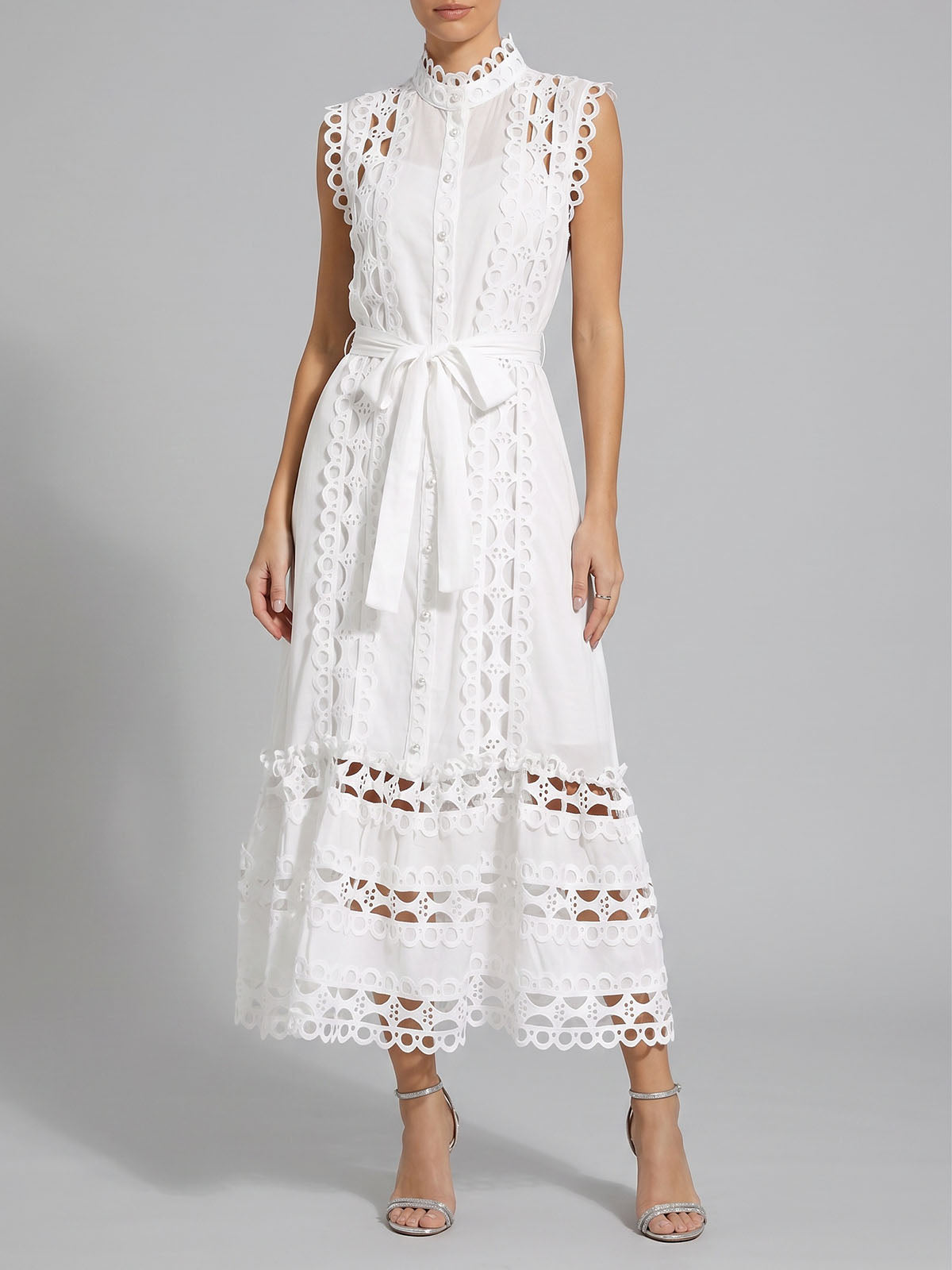 Elegant High Neck Belted Guipure Lace Sleeveless Midi Dress - White