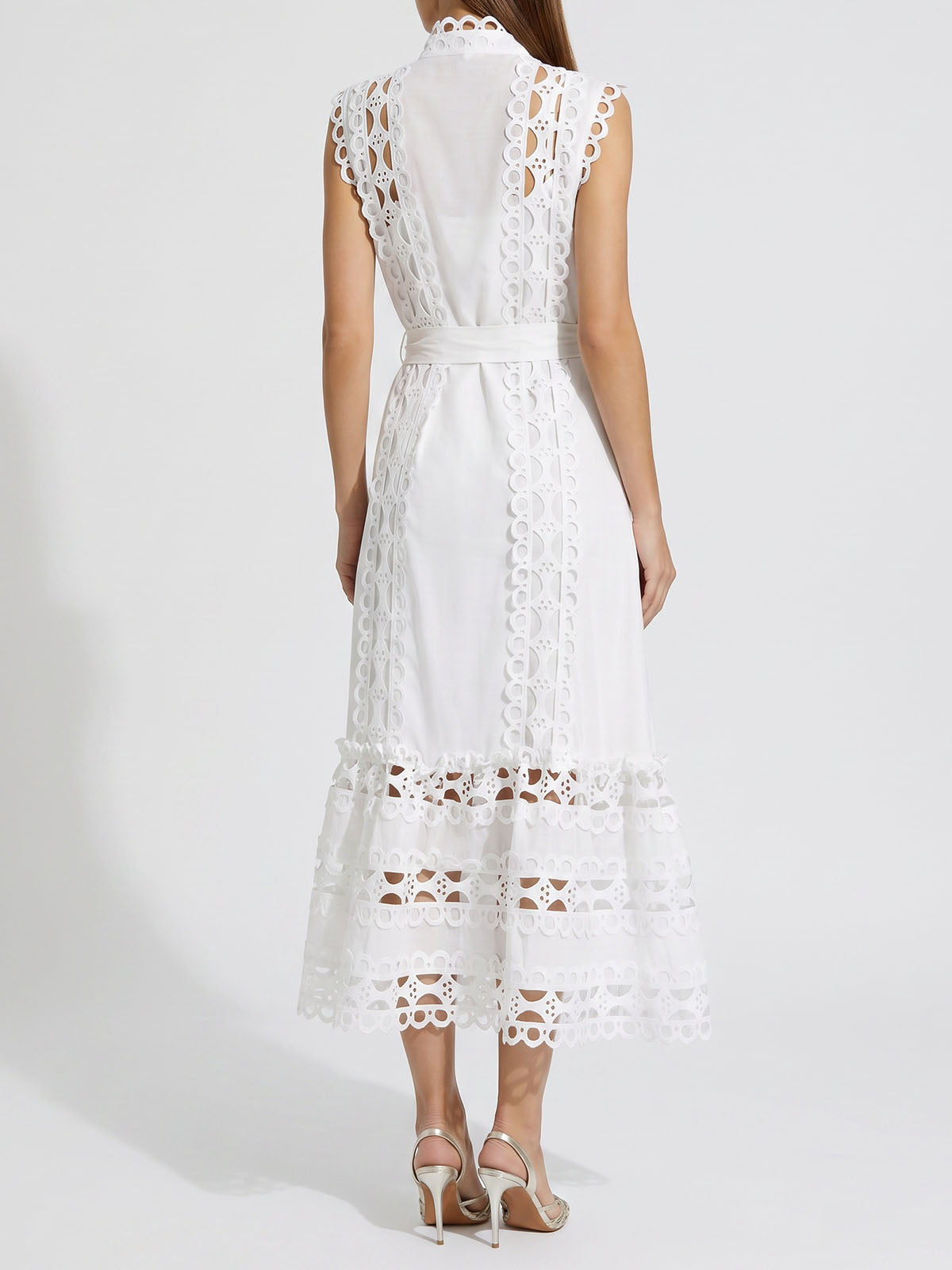 Elegant High Neck Belted Guipure Lace Sleeveless Midi Dress - White