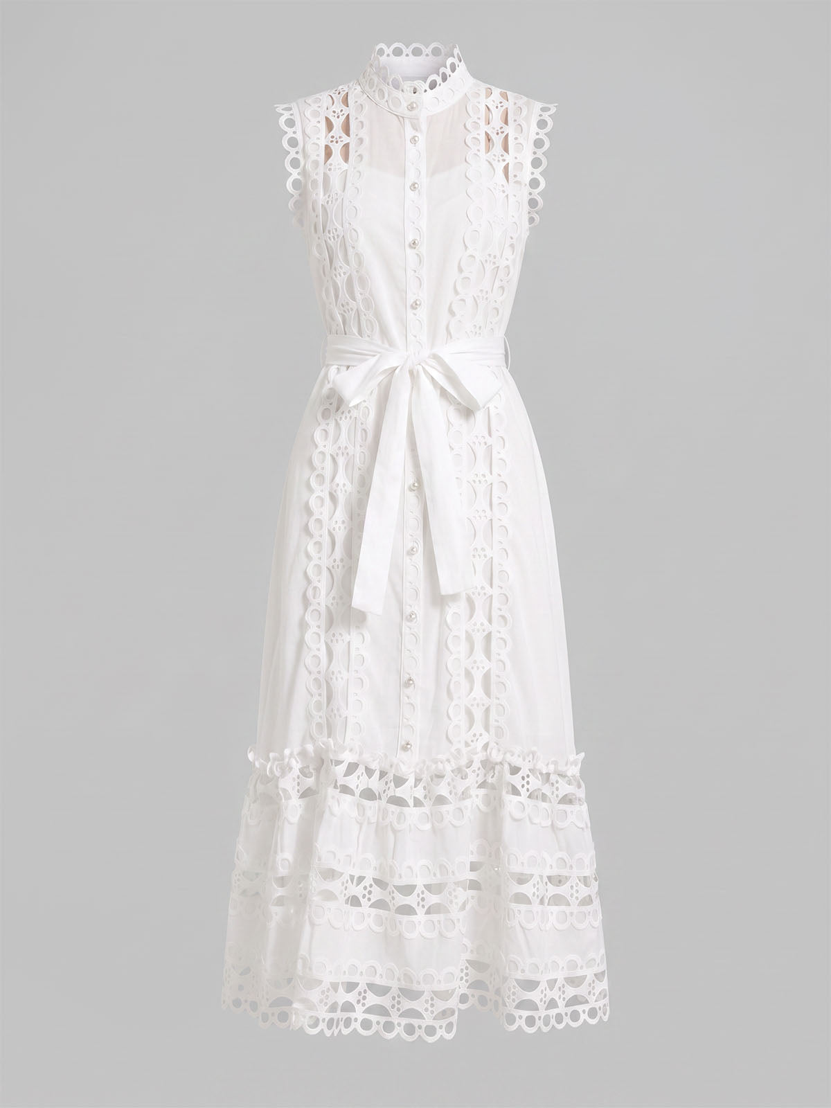 Elegant High Neck Belted Guipure Lace Sleeveless Midi Dress - White