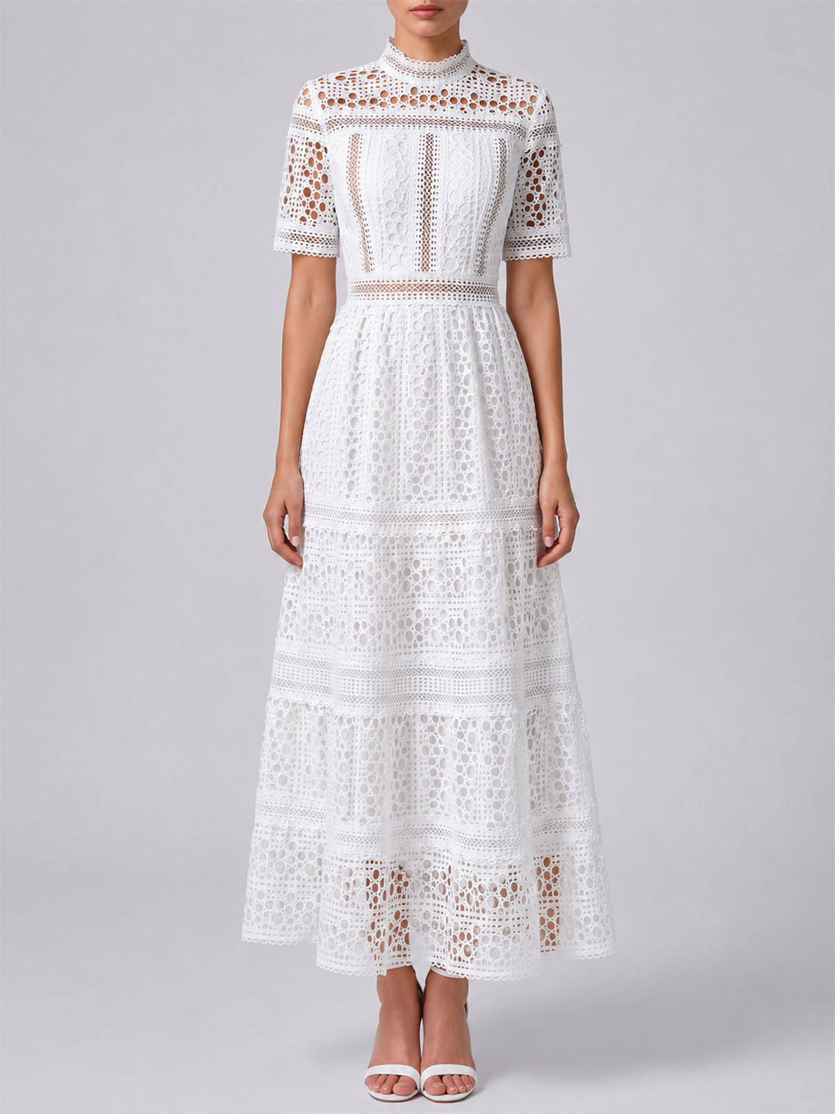 Elegant High Neck Short Sleeve Tiered Guipure Lace Midi Dress - White