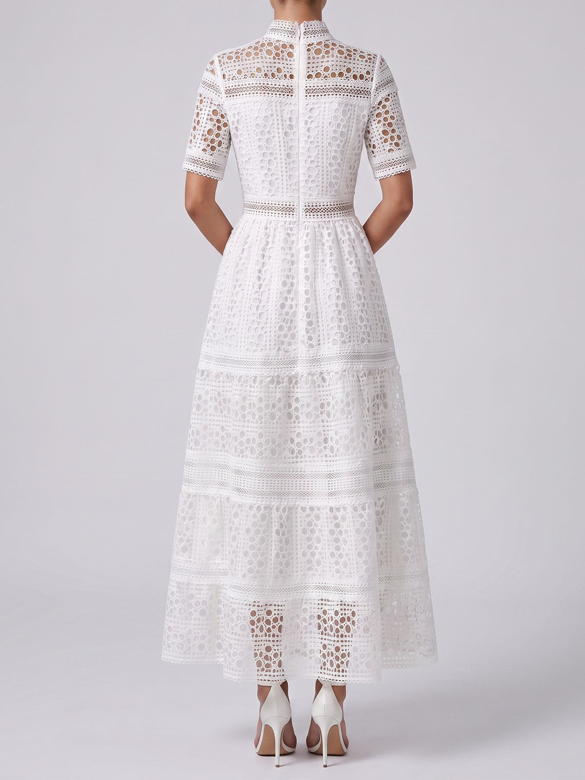 Elegant High Neck Short Sleeve Tiered Guipure Lace Midi Dress - White