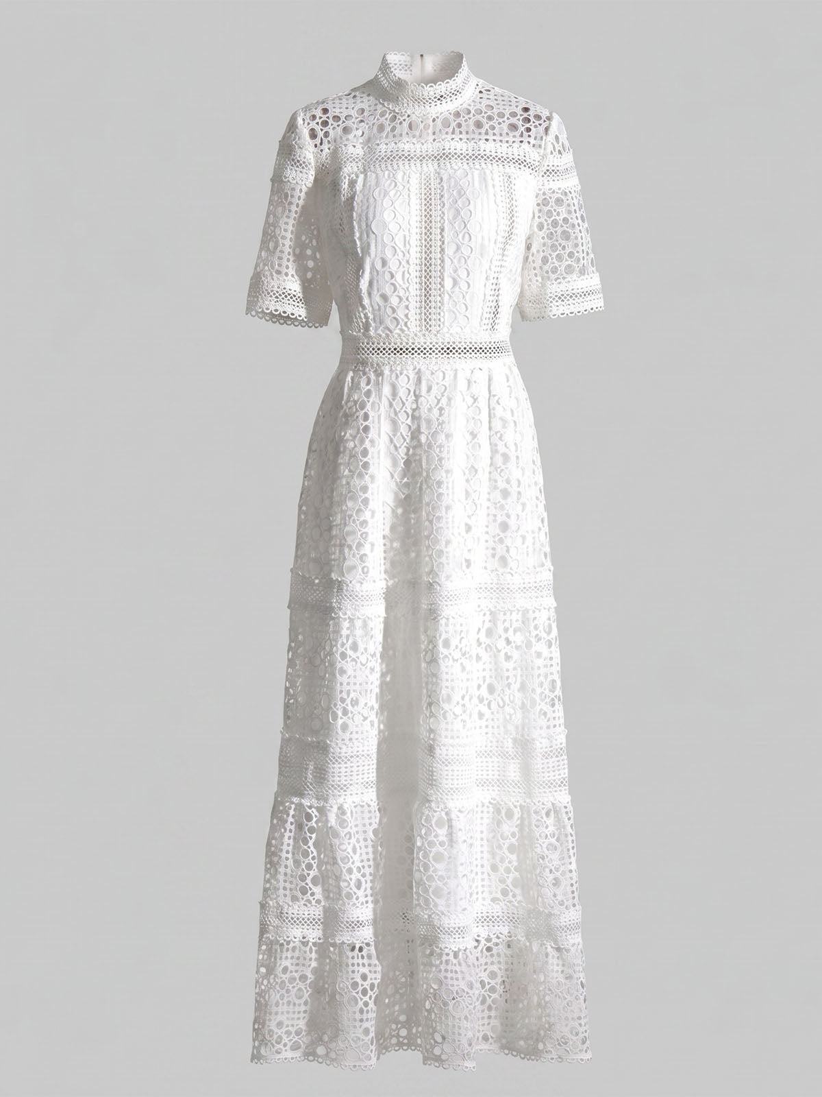 Elegant High Neck Short Sleeve Tiered Guipure Lace Midi Dress - White