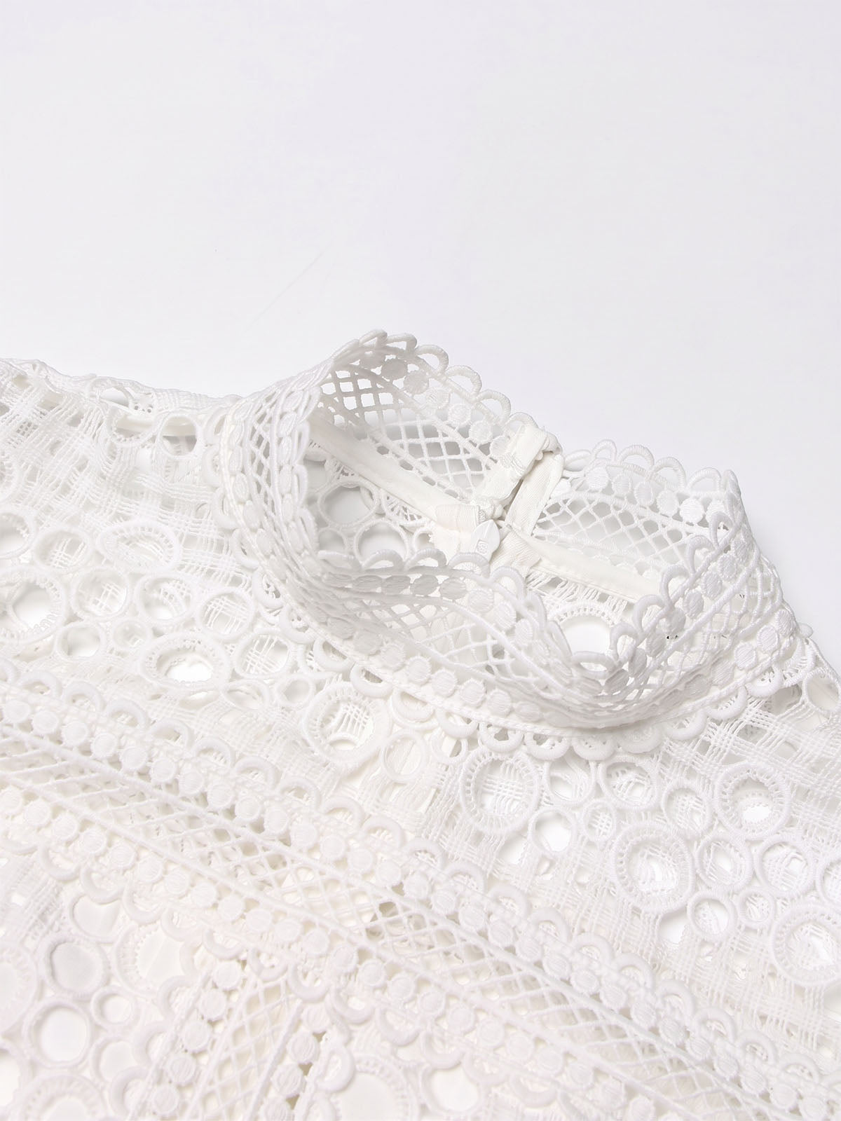 Elegant High Neck Short Sleeve Tiered Guipure Lace Midi Dress - White