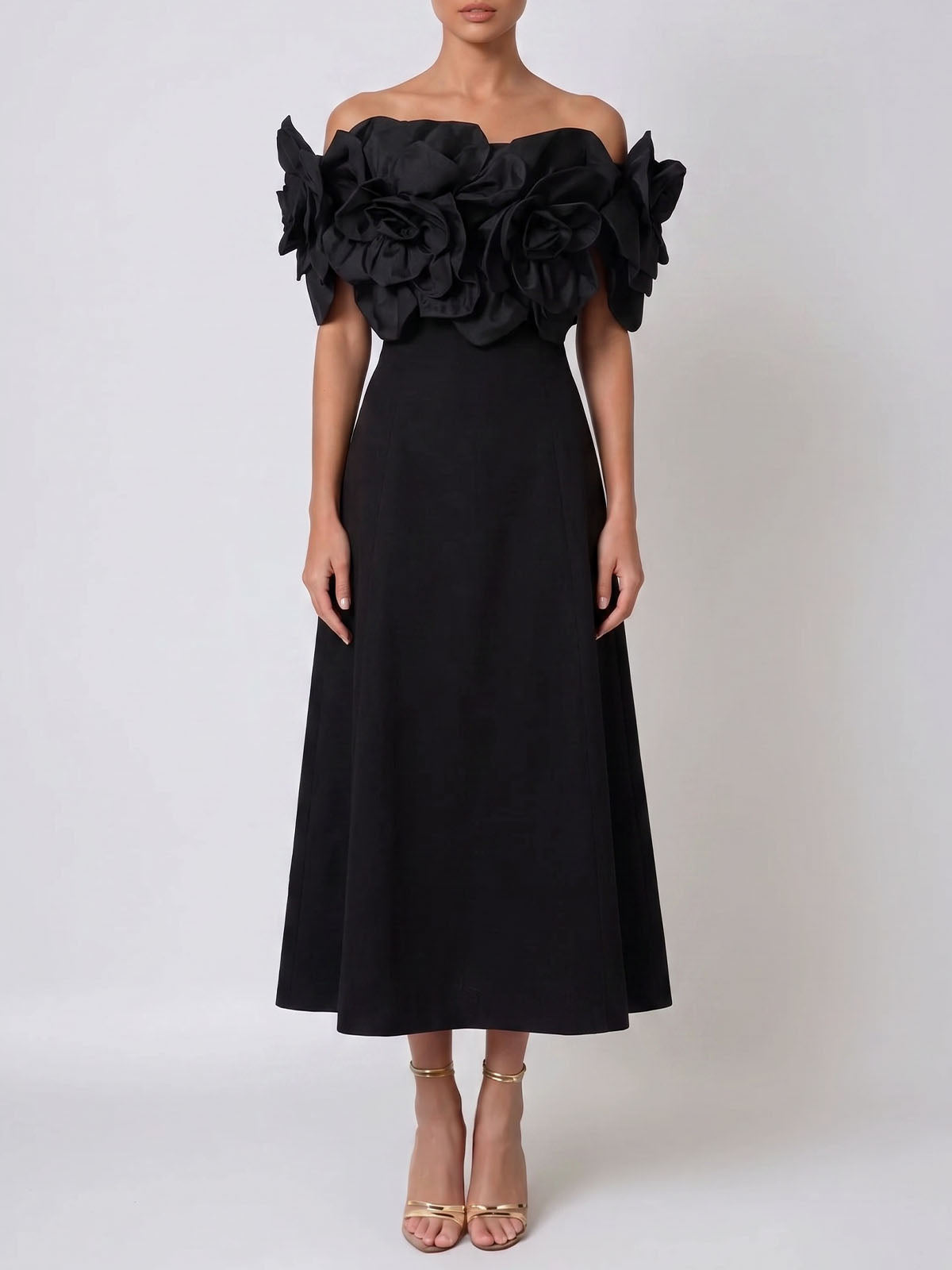 Elegant Off Shoulder Smocked A Line 3D Flower Midi Dress - Black