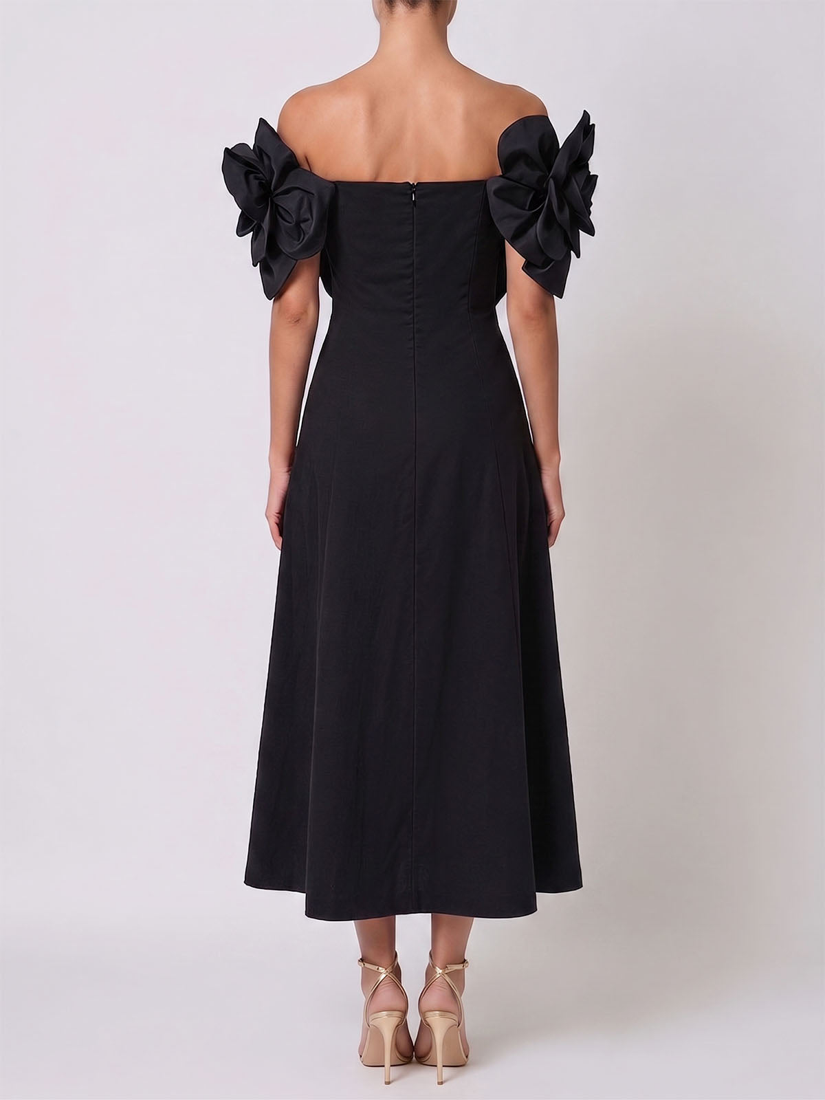 Elegant Off Shoulder Smocked A Line 3D Flower Midi Dress - Black