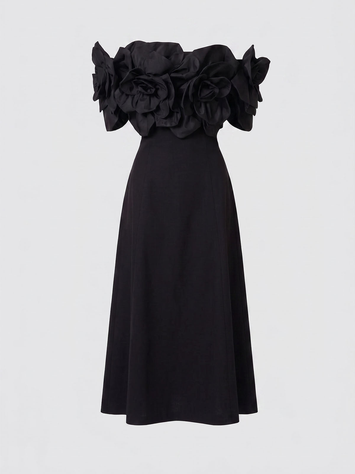 Elegant Off Shoulder Smocked A Line 3D Flower Midi Dress - Black