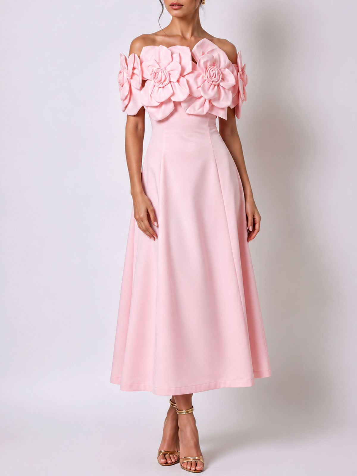 Elegant Off Shoulder Smocked A Line 3D Flower Midi Dress - Light Pink