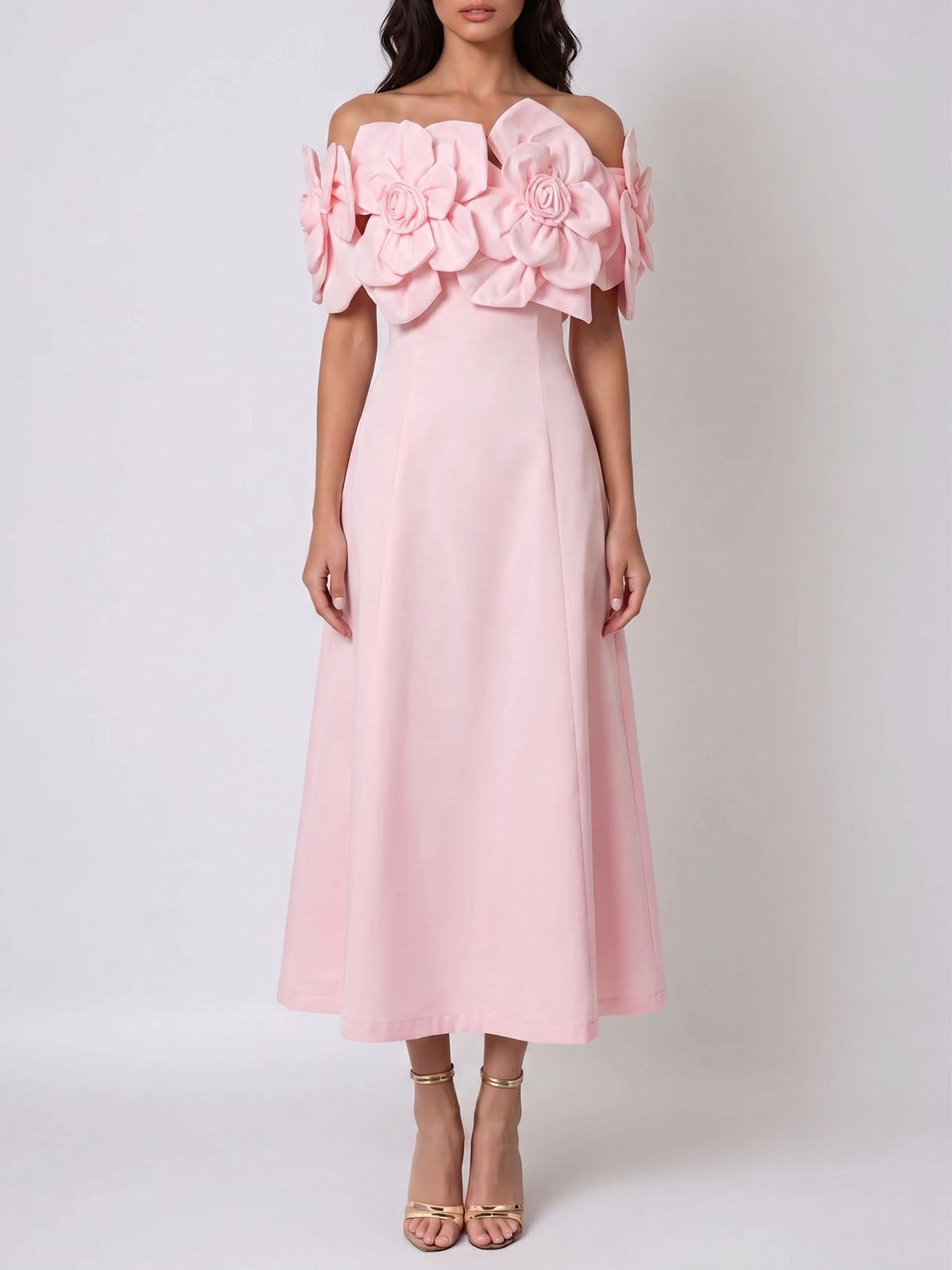Elegant Off Shoulder Smocked A Line 3D Flower Midi Dress - Light Pink
