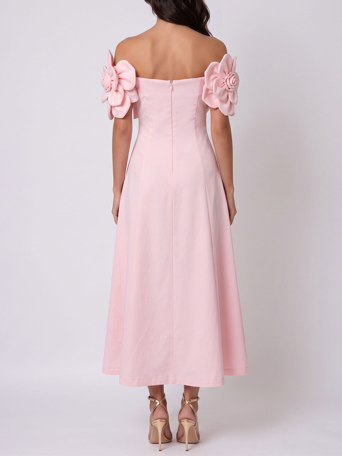 Elegant Off Shoulder Smocked A Line 3D Flower Midi Dress - Light Pink