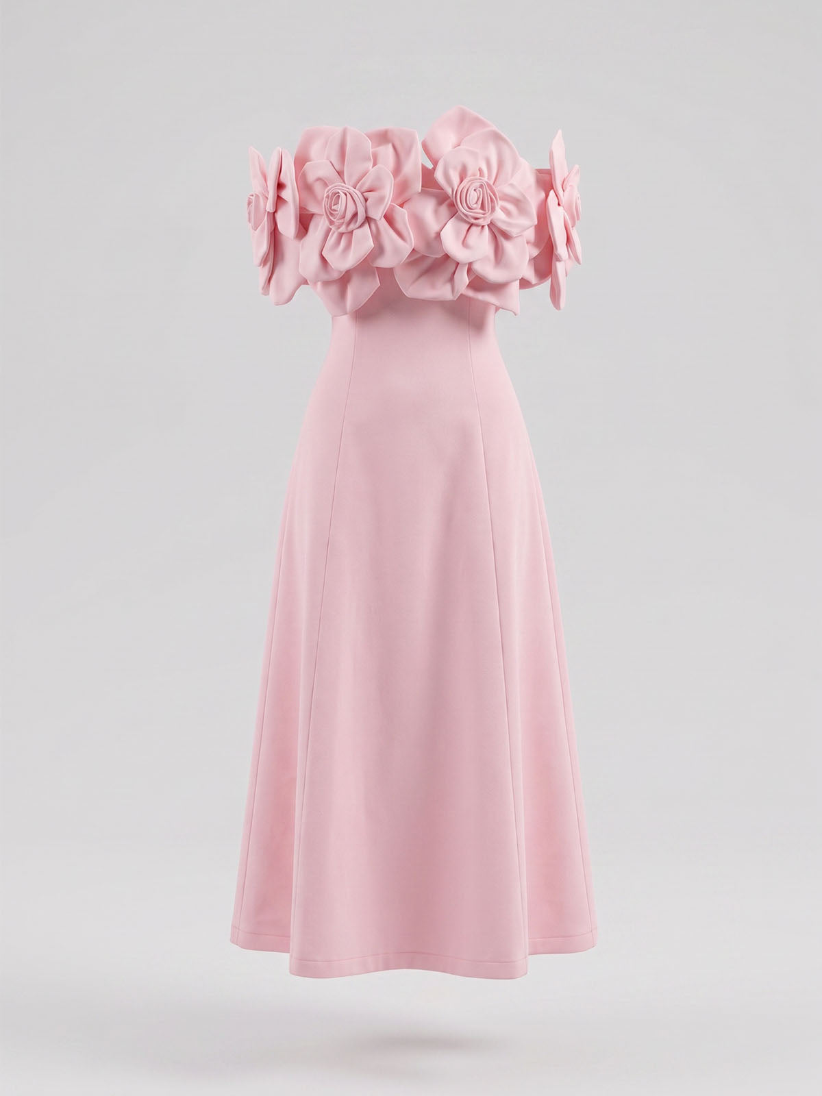 Elegant Off Shoulder Smocked A Line 3D Flower Midi Dress - Light Pink