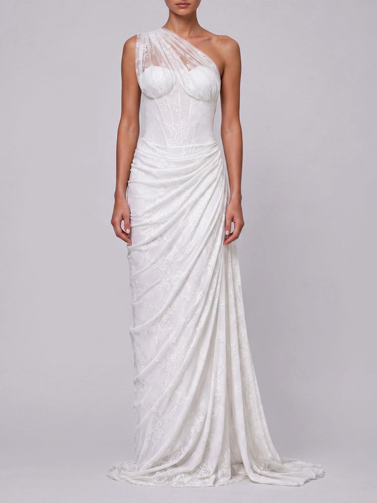 Elegant One Shoulder Corset Ruched Lace Formal Maxi Dress - White