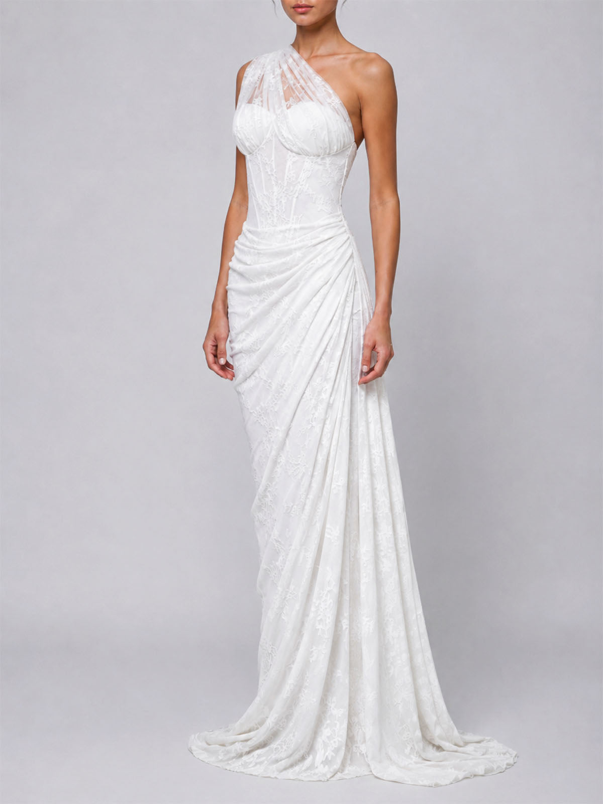 Elegant One Shoulder Corset Ruched Lace Formal Maxi Dress - White