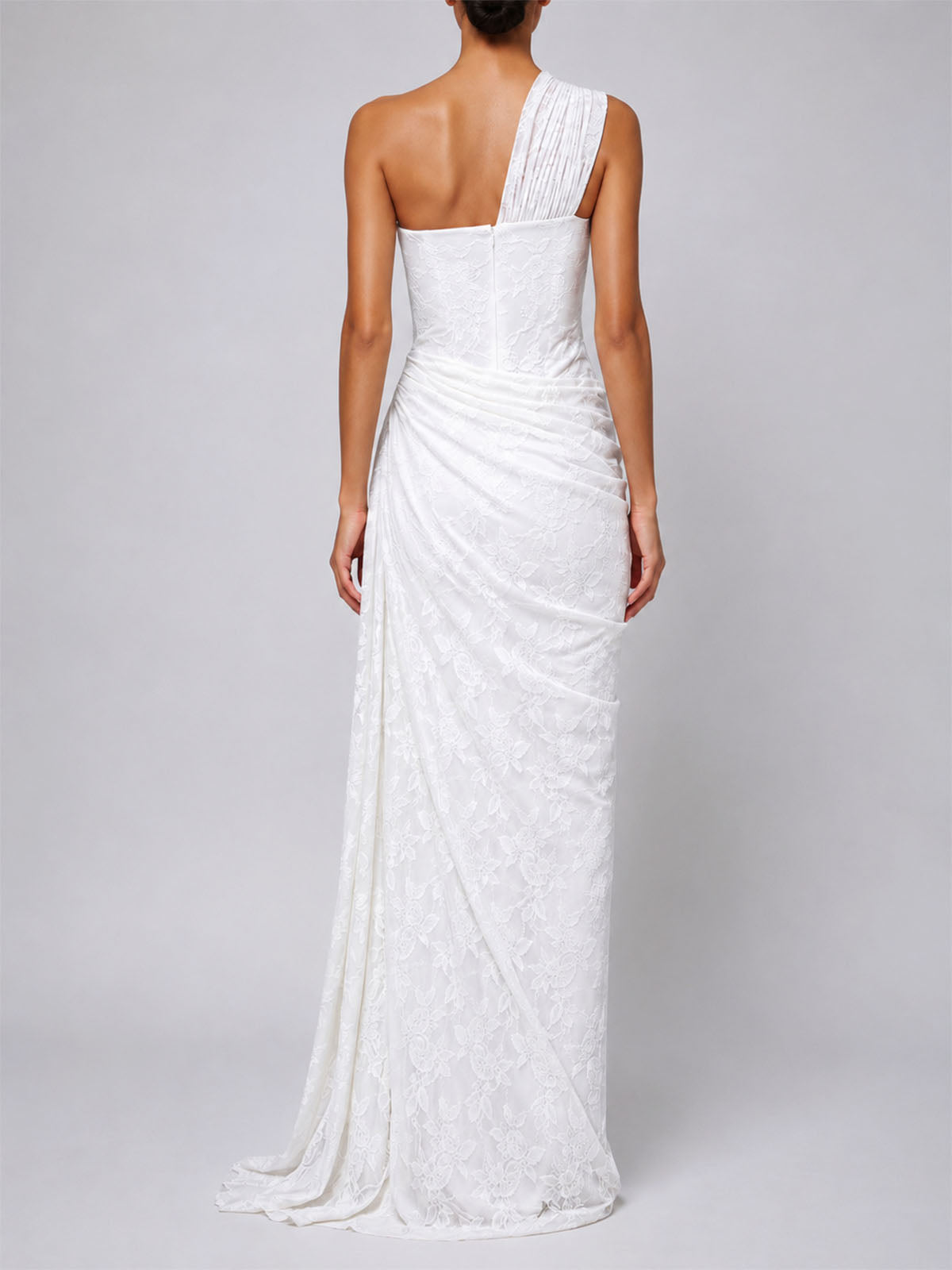 Elegant One Shoulder Corset Ruched Lace Formal Maxi Dress - White