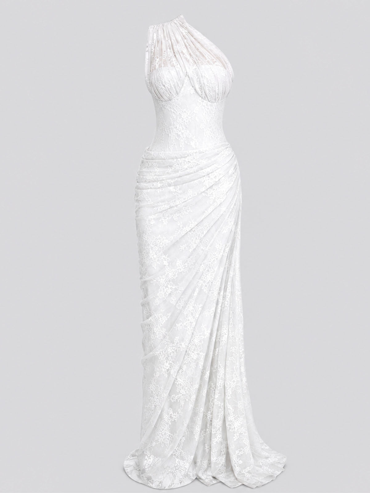 Elegant One Shoulder Corset Ruched Lace Formal Maxi Dress - White