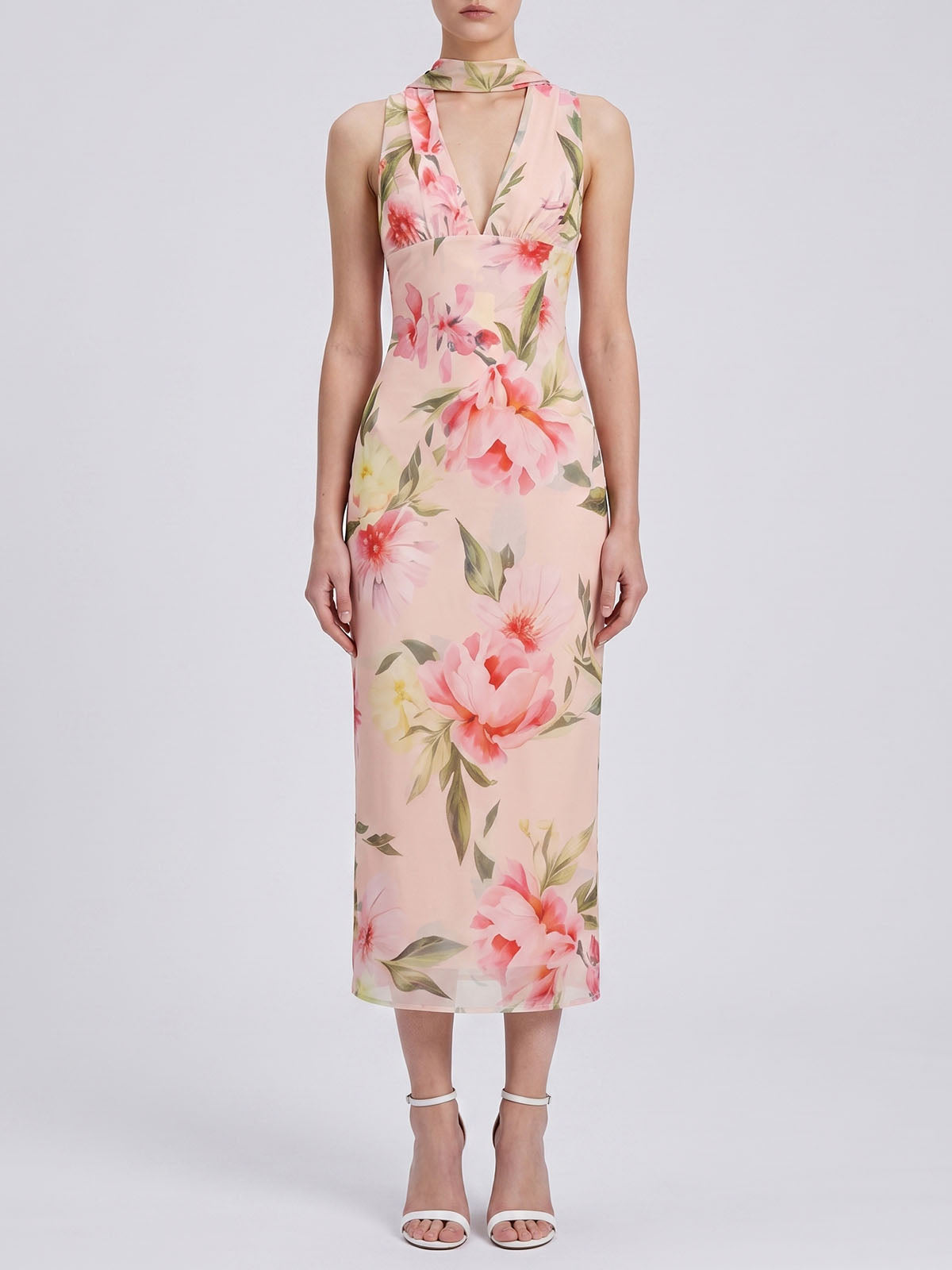 Elegant Scarf V Neck Sleeveless Chiffon Floral Print Midi Dress - Pink