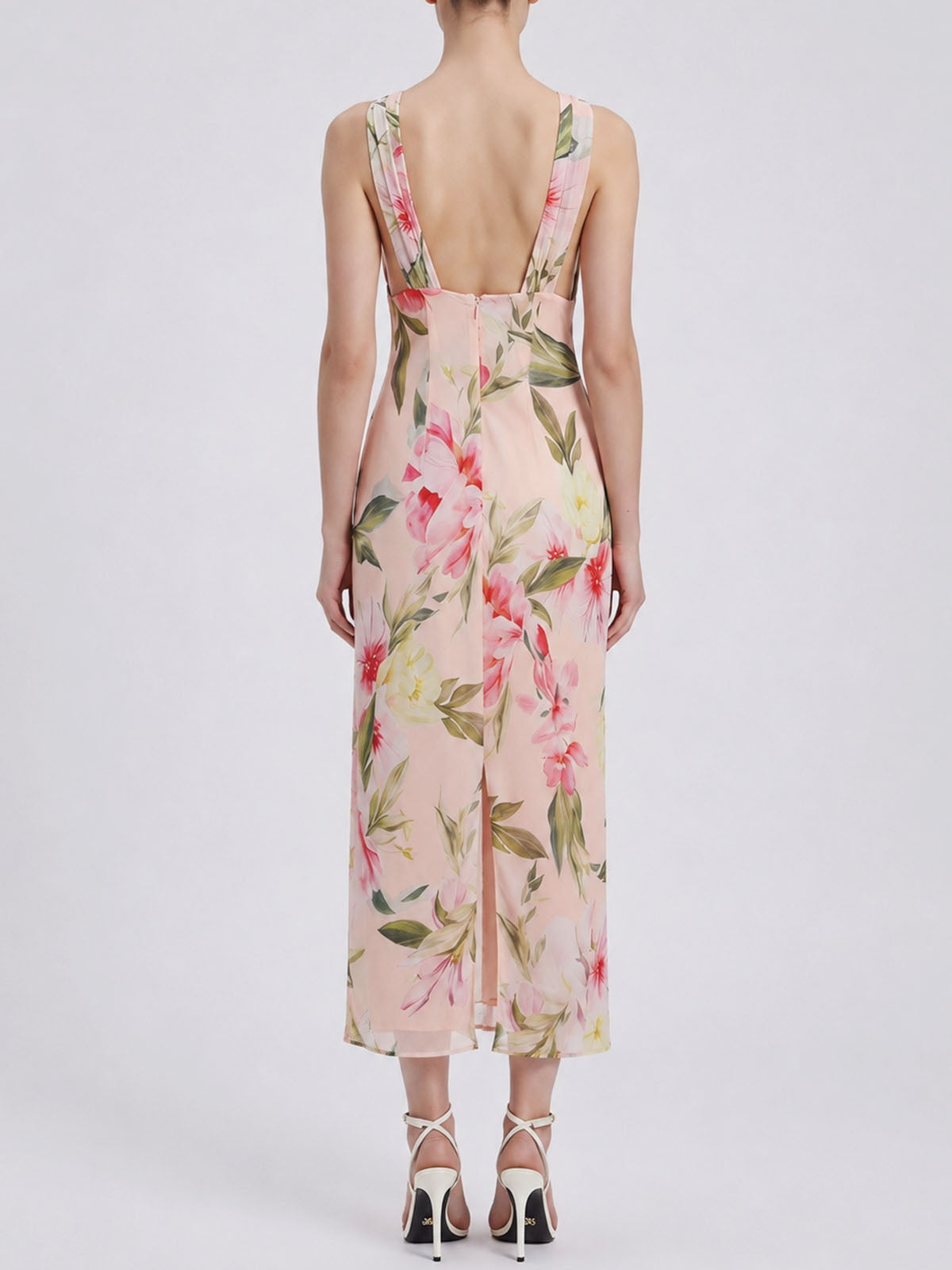Elegant Scarf V Neck Sleeveless Chiffon Floral Print Midi Dress - Pink