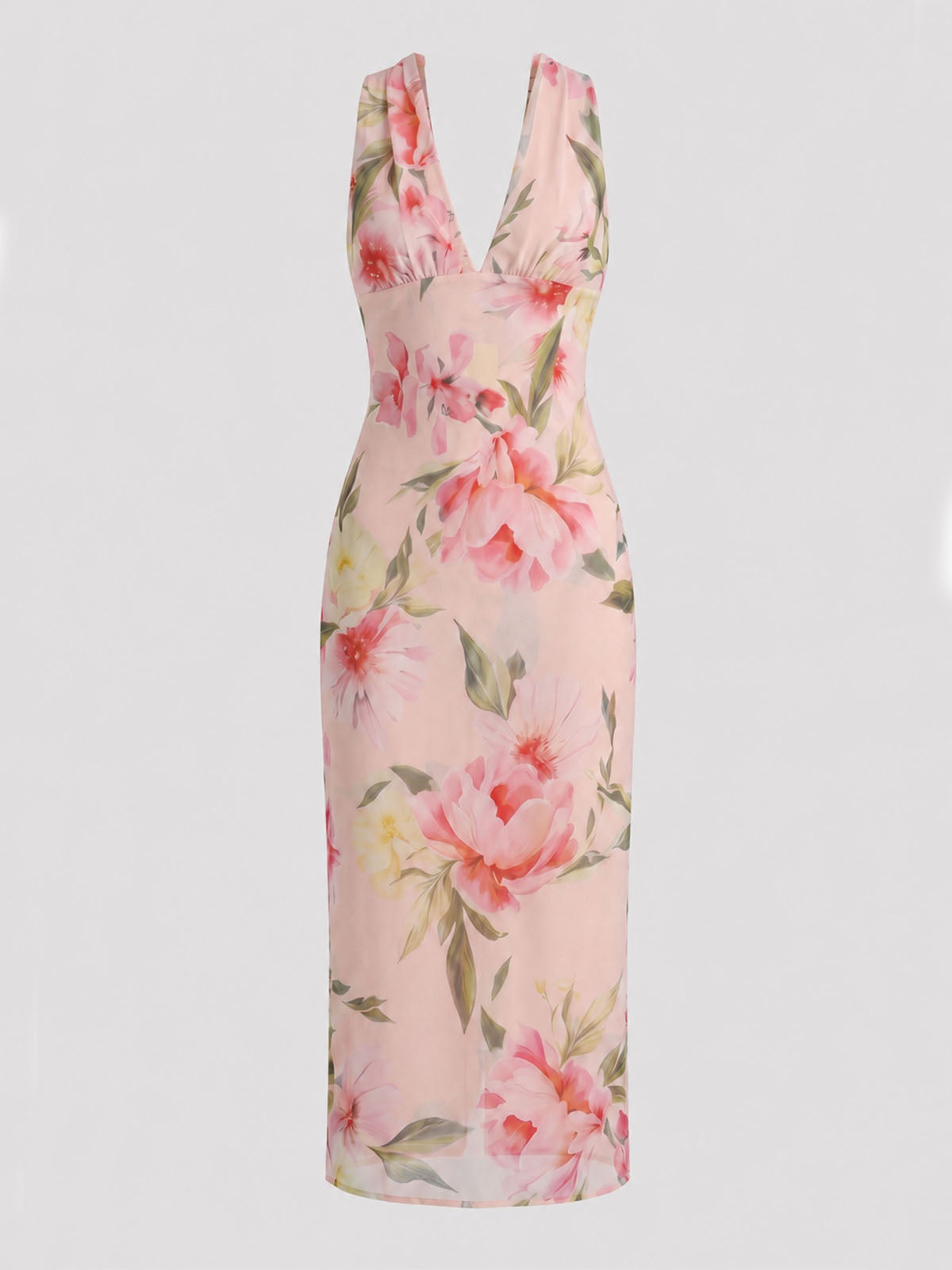 Elegant Scarf V Neck Sleeveless Chiffon Floral Print Midi Dress - Pink