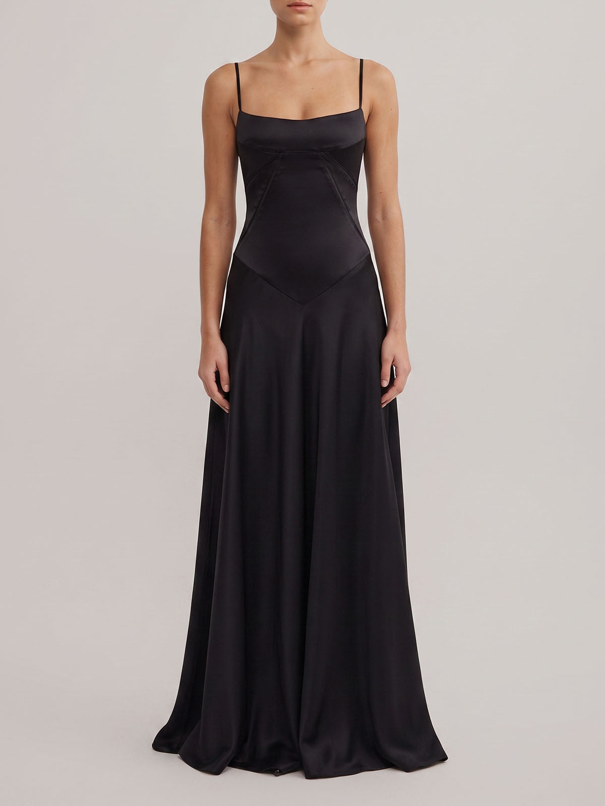 Elegant Square Neck Drop Waist Spaghetti Satin Formal Maxi Dress - Black