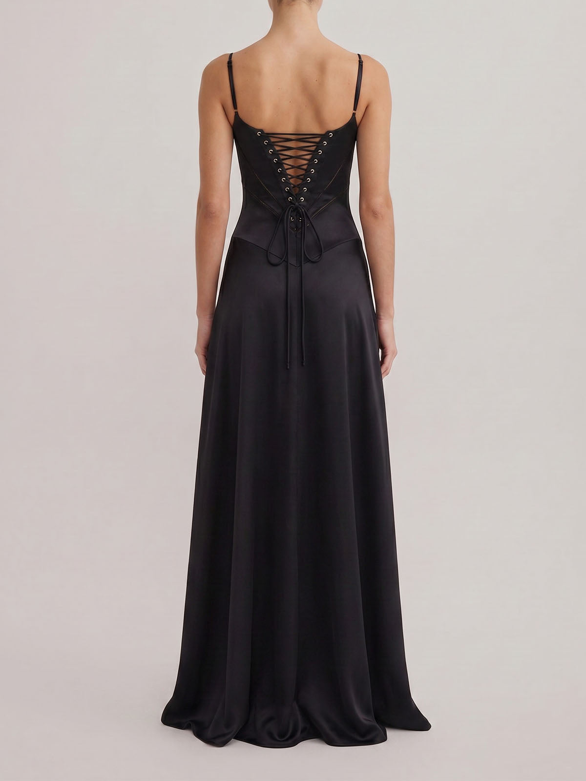 Elegant Square Neck Drop Waist Spaghetti Satin Formal Maxi Dress - Black