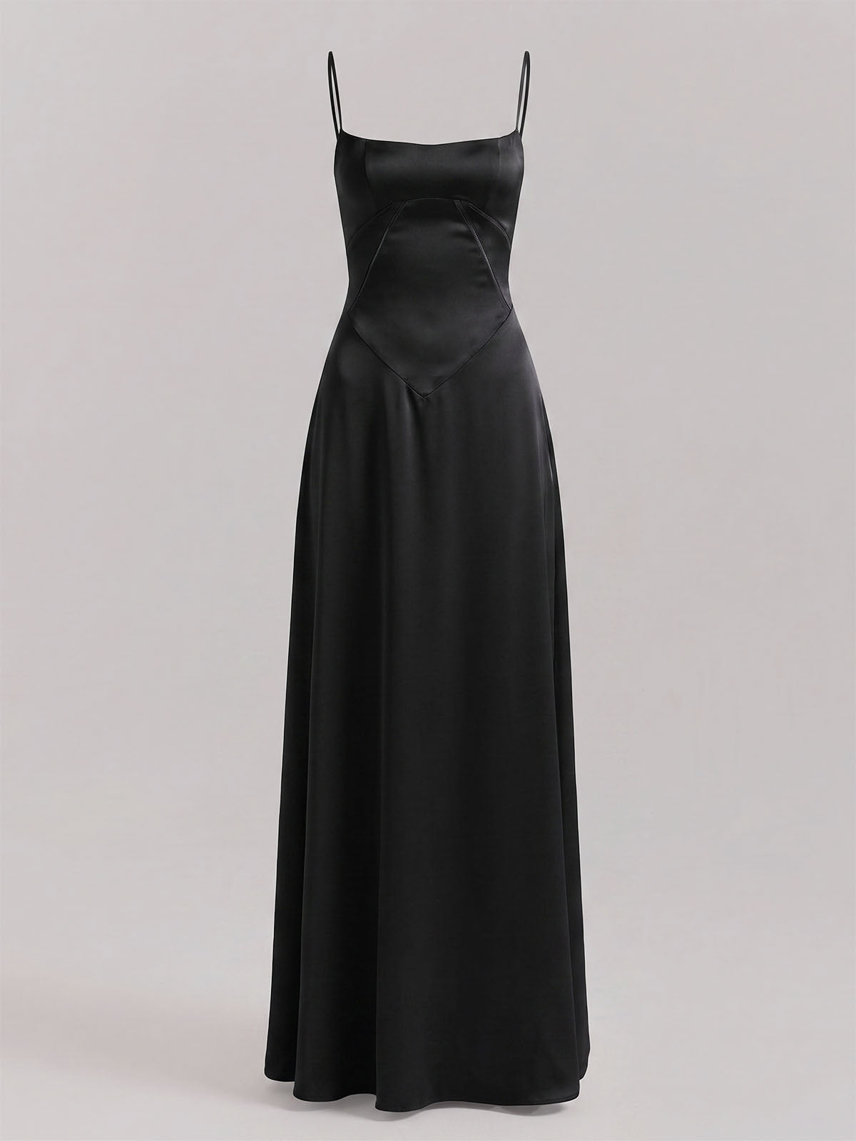 Elegant Square Neck Drop Waist Spaghetti Satin Formal Maxi Dress - Black