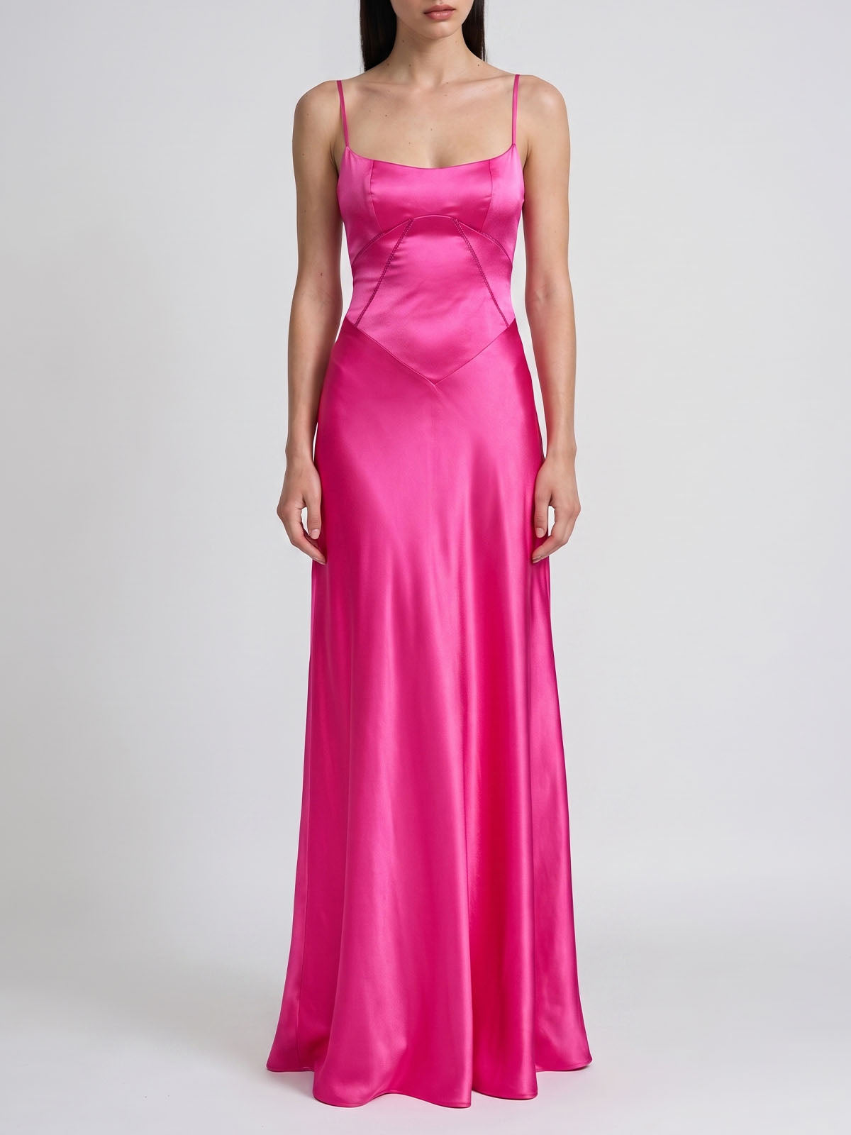 Elegant Square Neck Drop Waist Spaghetti Satin Formal Maxi Dress - Hot Pink
