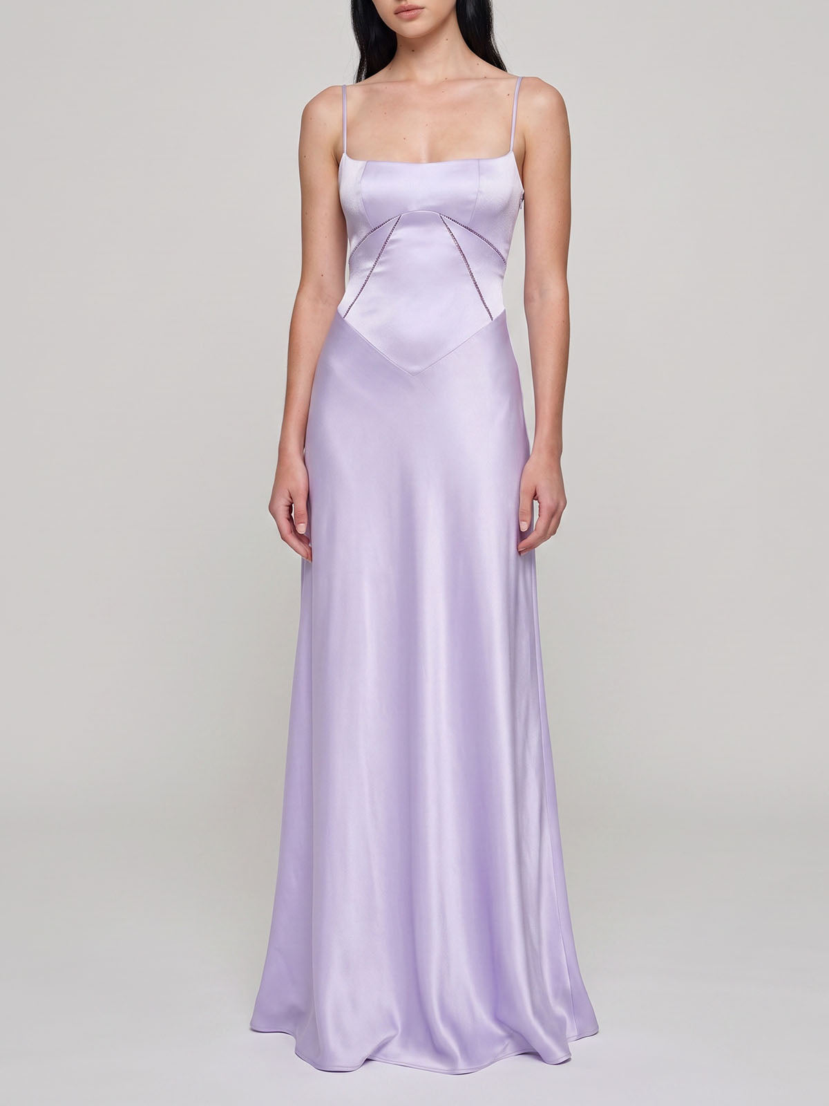 Elegant Square Neck Drop Waist Spaghetti Satin Formal Maxi Dress - Lavender