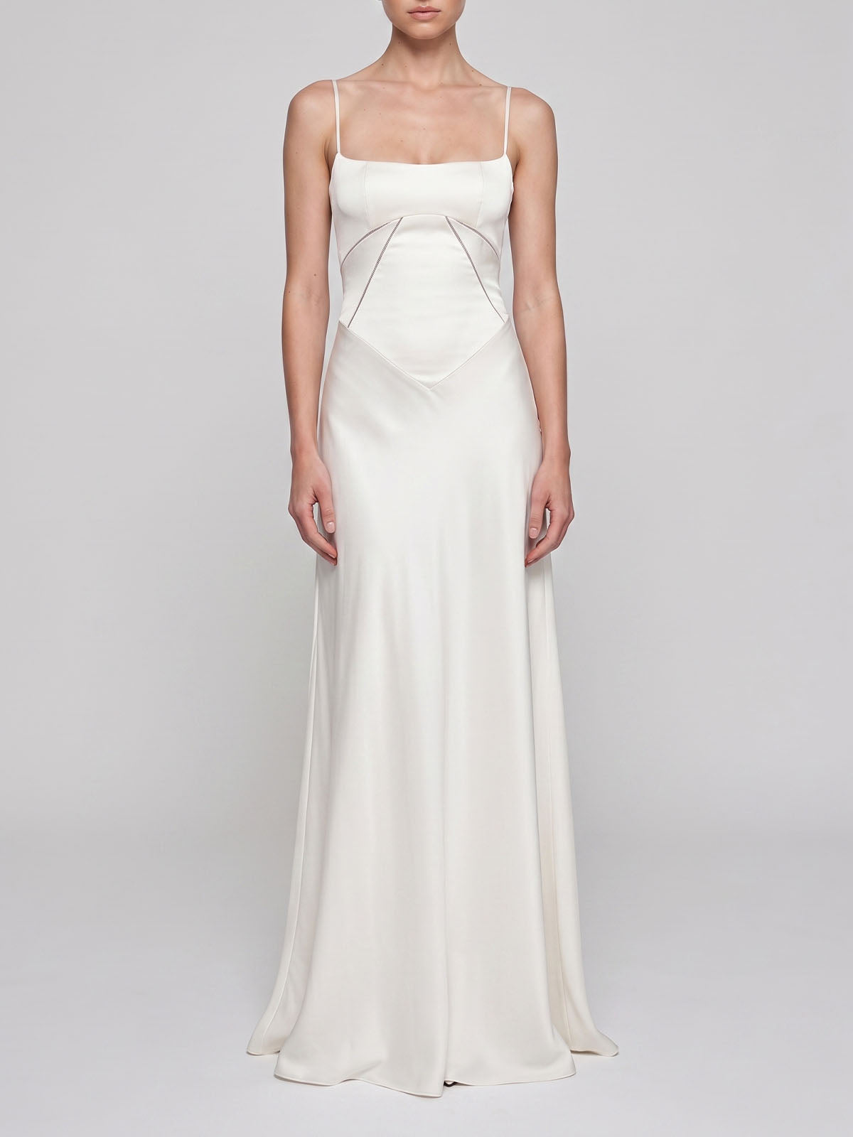 Elegant Square Neck Drop Waist Spaghetti Satin Formal Maxi Dress - White