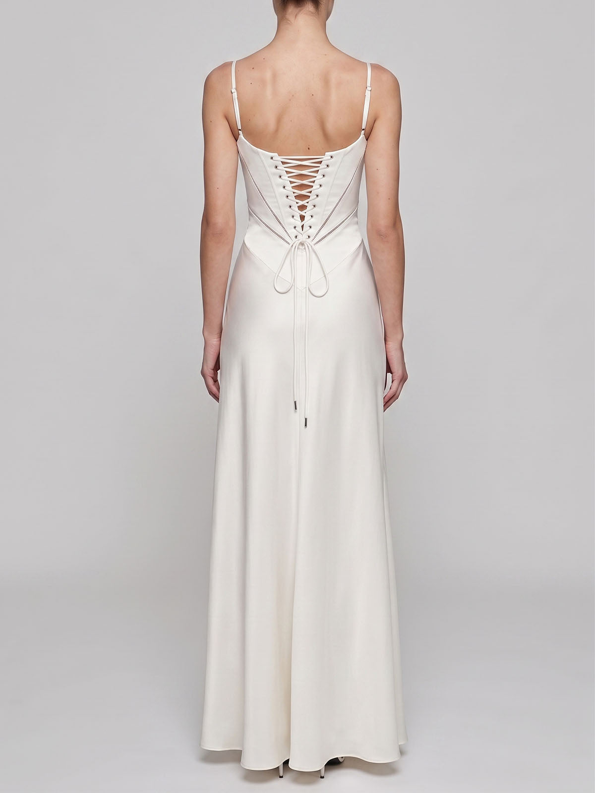 Elegant Square Neck Drop Waist Spaghetti Satin Formal Maxi Dress - White