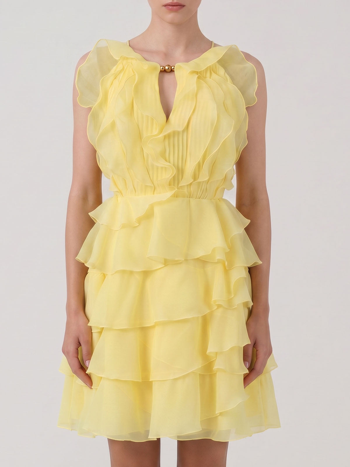 Ethereal Crew Sleeveless Chiffon Tiered Ruffle Mini Dress - Yellow