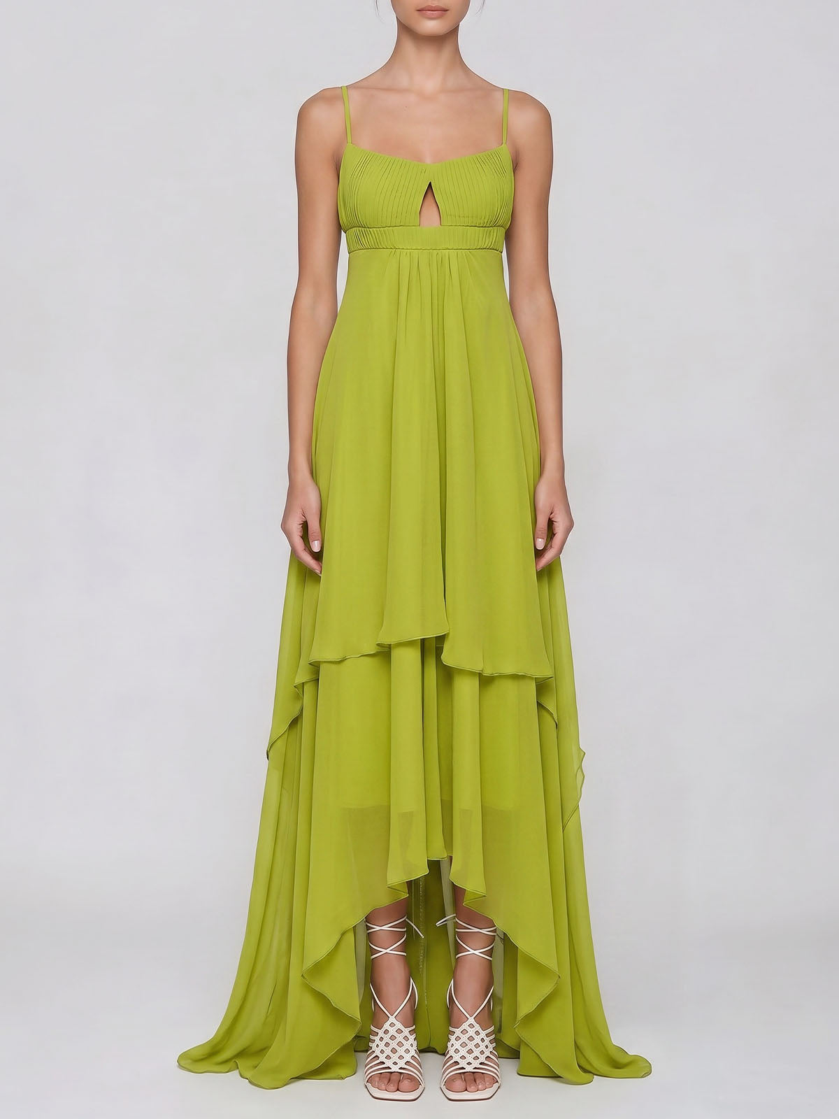 Ethereal Cutout Empire Ruffle High Low Cami Chiffon Dress - Sage Green