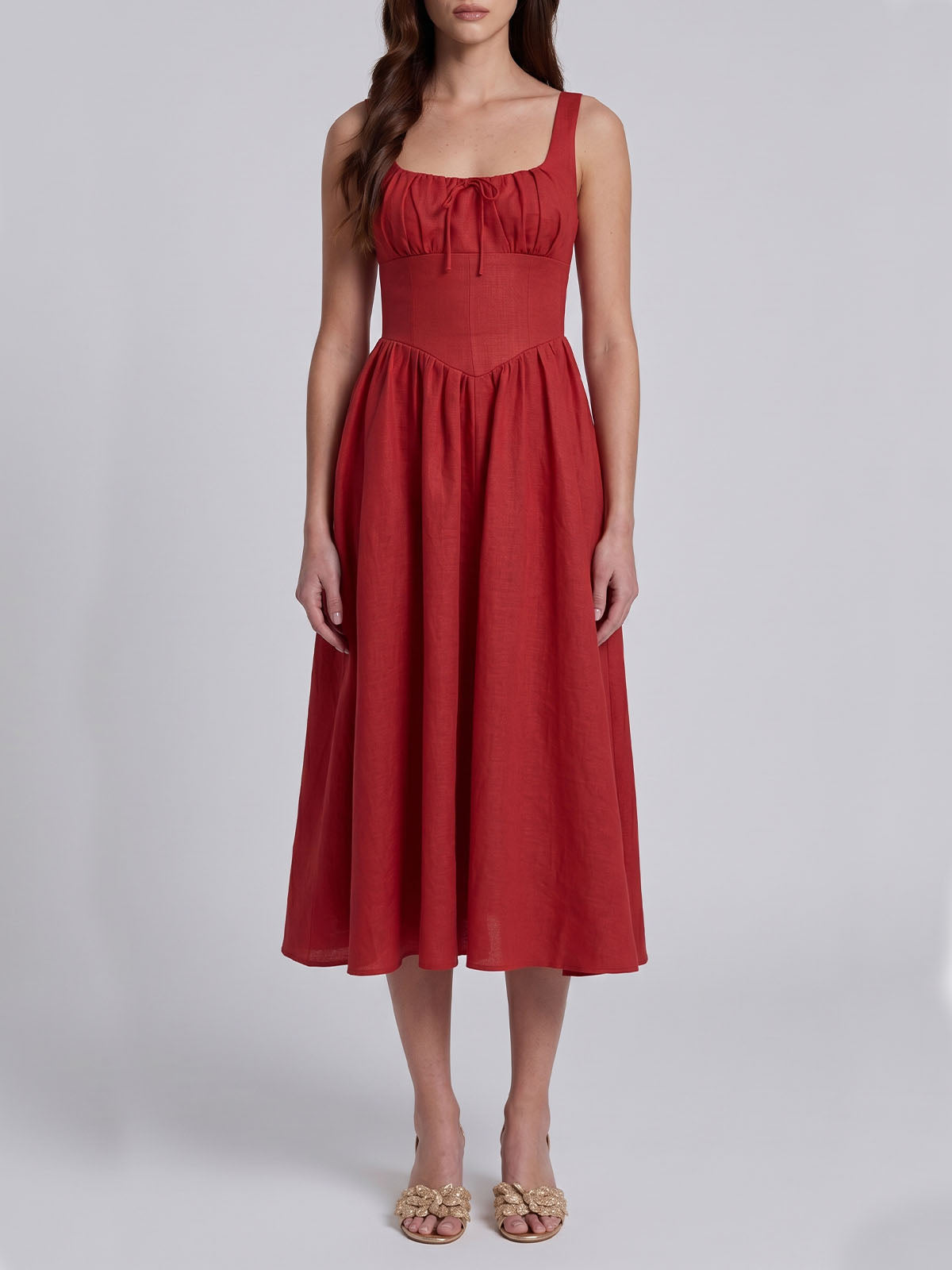 Flowy Bow Trim Scoop Neck Fit & Flare Milkmaid Linen Midi Dress - Red