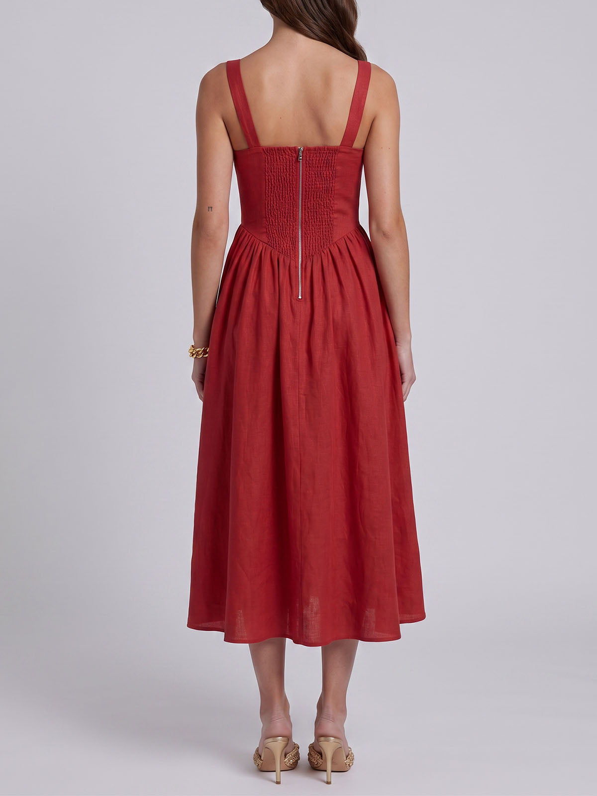 Flowy Bow Trim Scoop Neck Fit & Flare Milkmaid Linen Midi Dress - Red