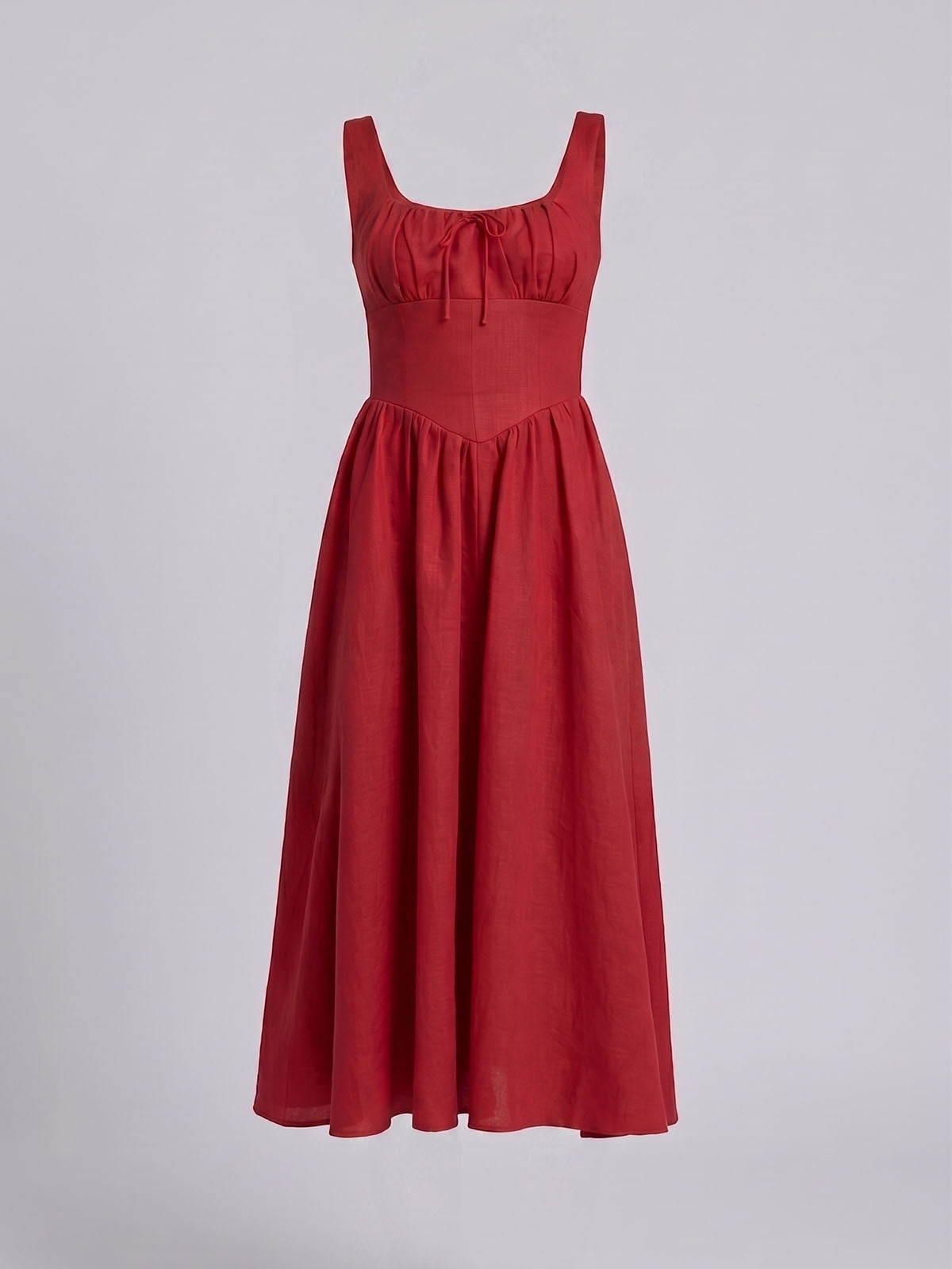 Flowy Bow Trim Scoop Neck Fit & Flare Milkmaid Linen Midi Dress - Red