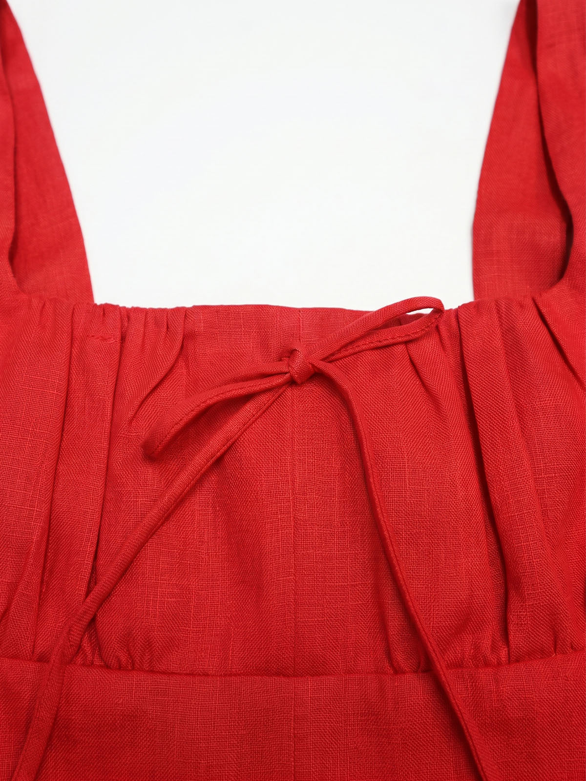 Flowy Bow Trim Scoop Neck Fit & Flare Milkmaid Linen Midi Dress - Red
