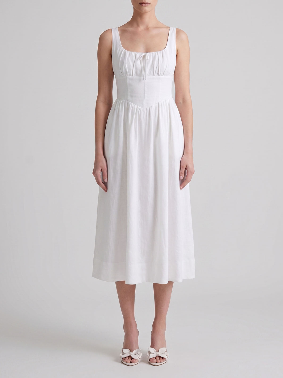 Flowy Bow Trim Scoop Neck Fit & Flare Milkmaid Linen Midi Dress - White