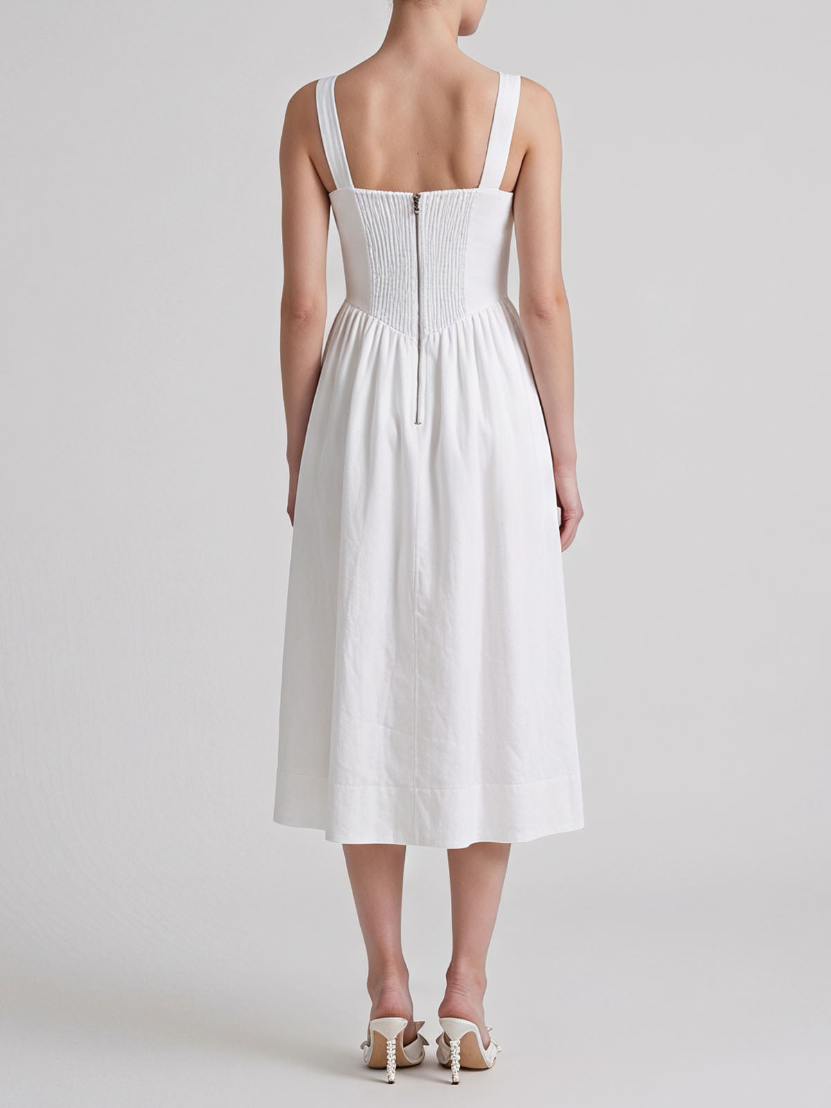 Flowy Bow Trim Scoop Neck Fit & Flare Milkmaid Linen Midi Dress - White