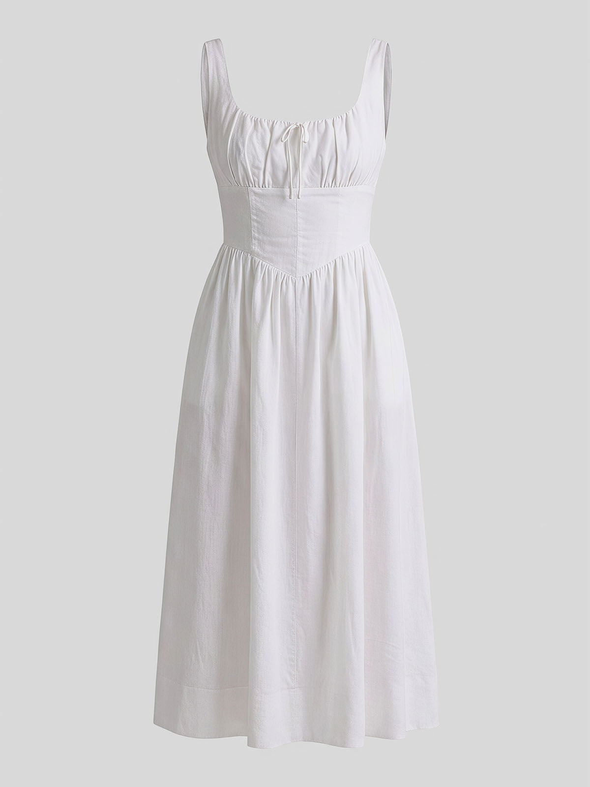 Flowy Bow Trim Scoop Neck Fit & Flare Milkmaid Linen Midi Dress - White