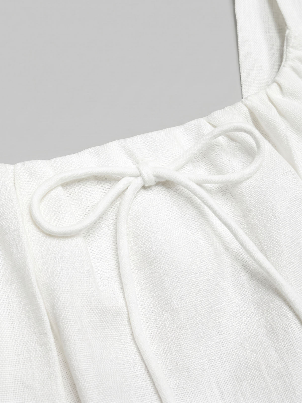 Flowy Bow Trim Scoop Neck Fit & Flare Milkmaid Linen Midi Dress - White