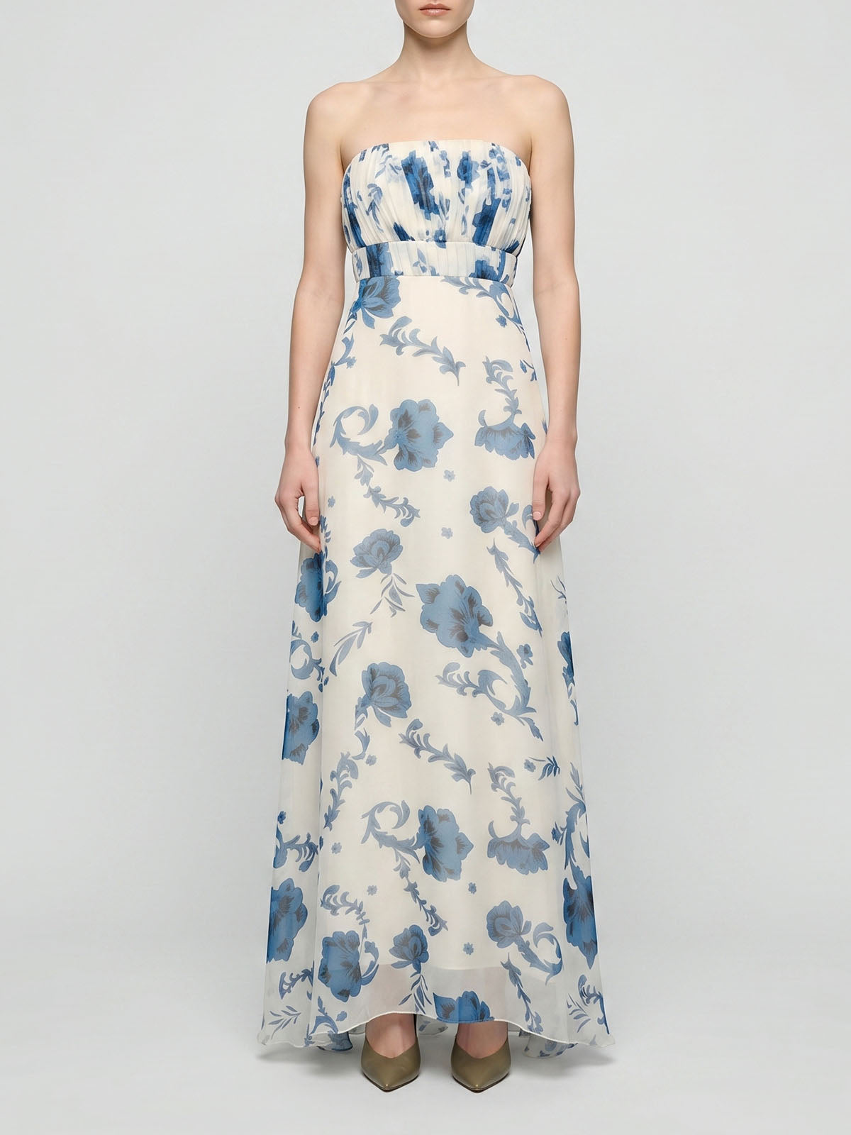 Flowy Chiffon Pleated Strapless Empire Waist Floral Maxi Dress - Blue
