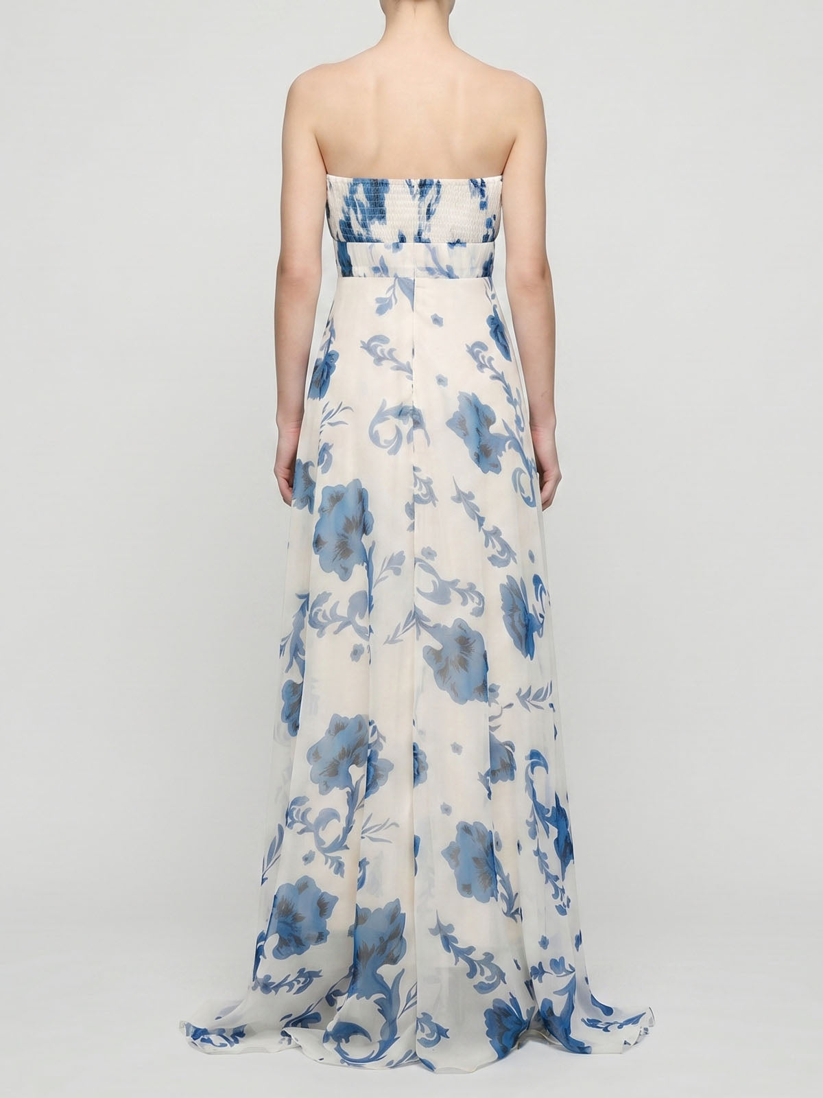 Flowy Chiffon Pleated Strapless Empire Waist Floral Maxi Dress - Blue