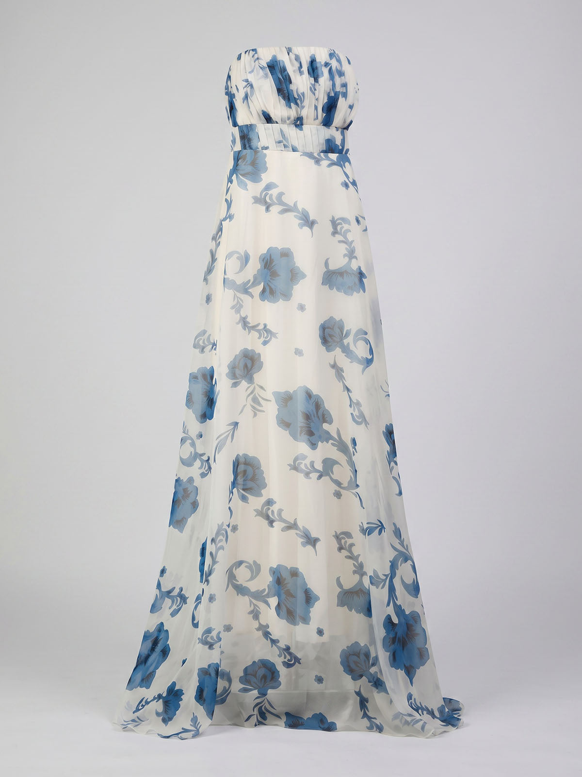 Flowy Chiffon Pleated Strapless Empire Waist Floral Maxi Dress - Blue
