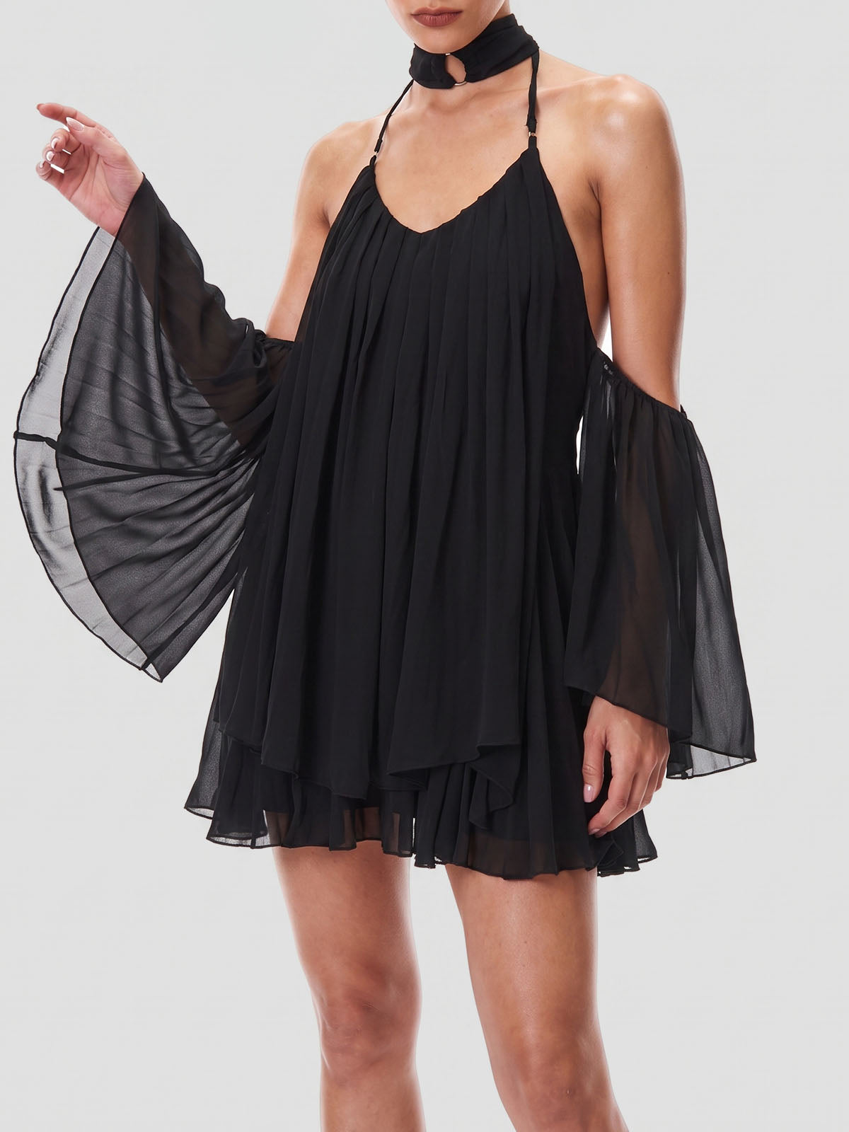 Flowy Choker Halter Cold Shoulder Chiffon A Line Mini Dress - Black