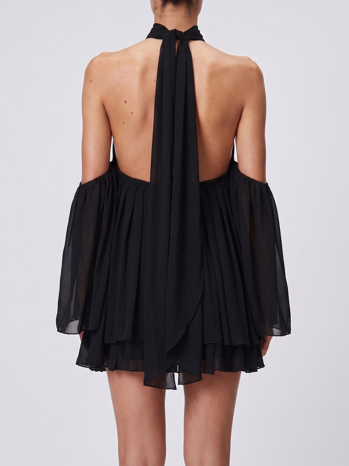Flowy Choker Halter Cold Shoulder Chiffon A Line Mini Dress - Black